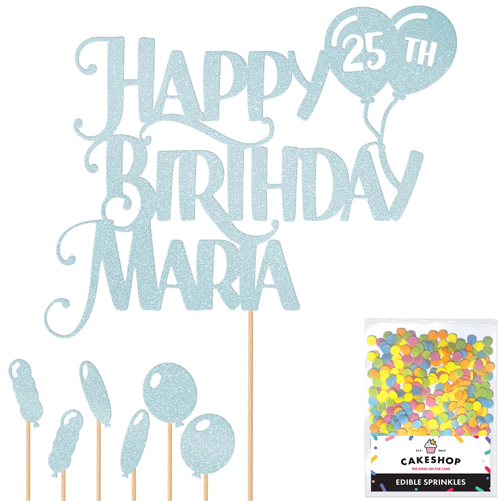 Personalised Happy Birthday Glitter Cake Topper inc Balloons - Lt Blue Any Name & Age Glitter Cake Decoration and Sprinkles - Happy Birthday Decorations - Personalised Toppers for Cakes by Cakeshop โ image 1