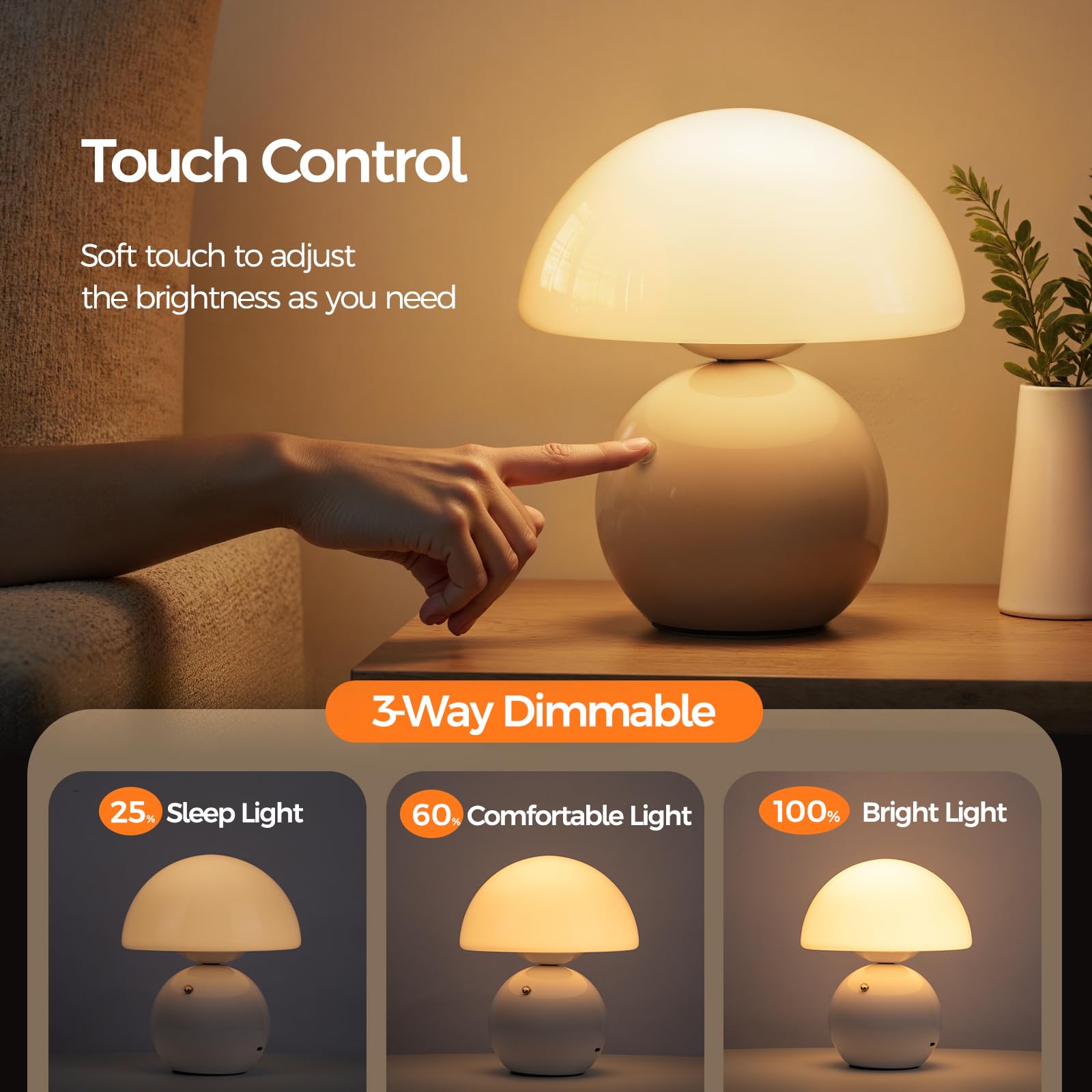 NIORSUN Lampada a fungo wireless, lampada da tavolo per camera da letto, lampade portatili senza fili, lampada wireless, piccola lampada touch per comodino, per soggiorno, mini fungo, 5200 mAh