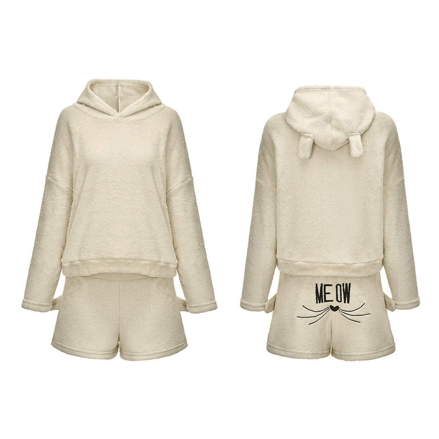 Damen Mädchen Schlafanzug Winter Zweiteilige Set Katze Meow Nachtwäsche Warme Bademantel Hosenanzug