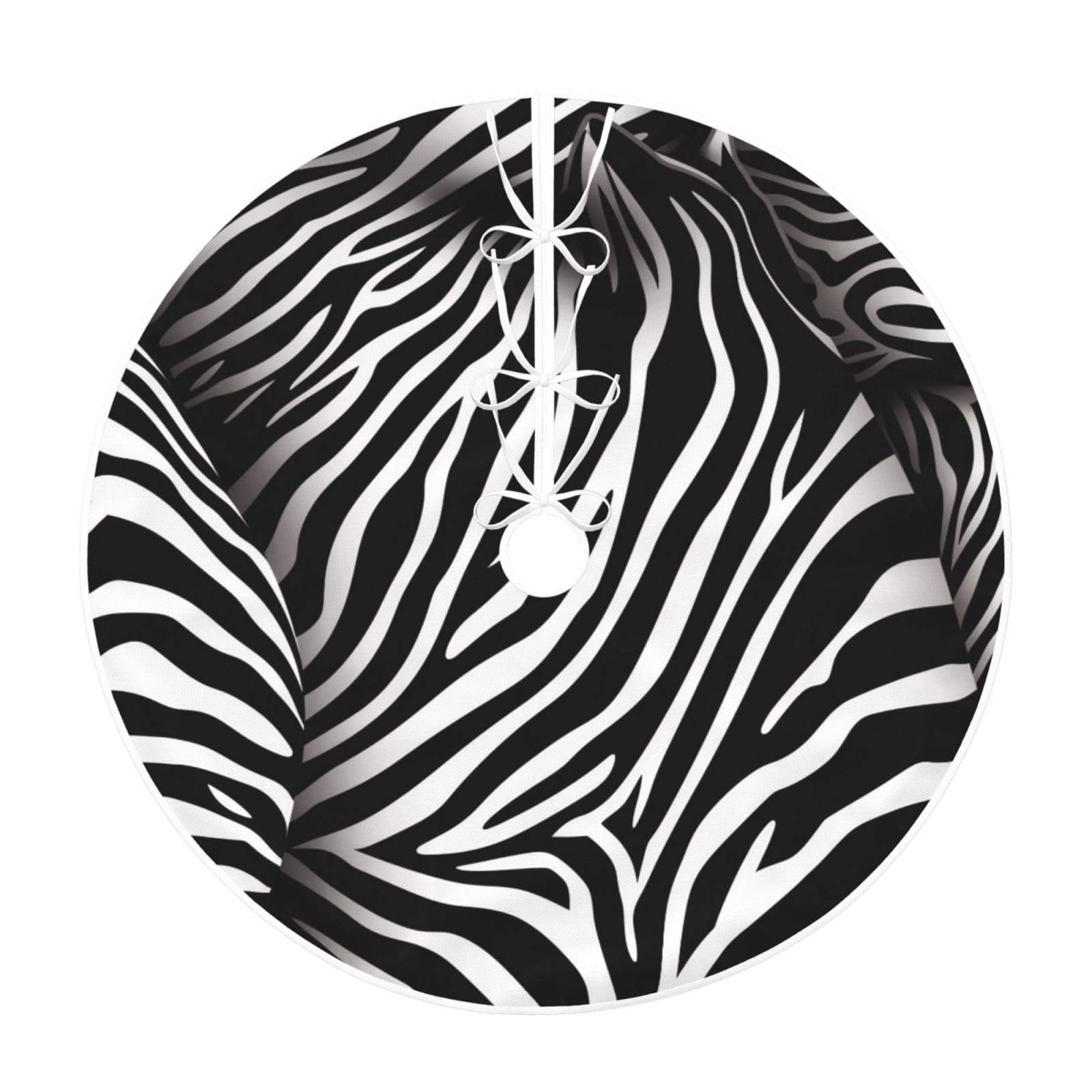 Zebra Print Printed Imitation Linen Christmas Tree Skirt with Hemp Bandage, Xmas Tree Cover Mat for Christmas New Year Party Home Decor, 48 inch