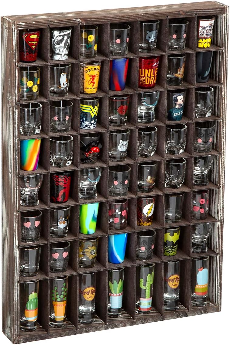 J JACKCUBE DESIGN - Rustic Wood Shot Glasses Display Case 56 Compartments Wall Mount Pint Glass Shadow Box Bar Cabinet Collection Freestanding - MK524A