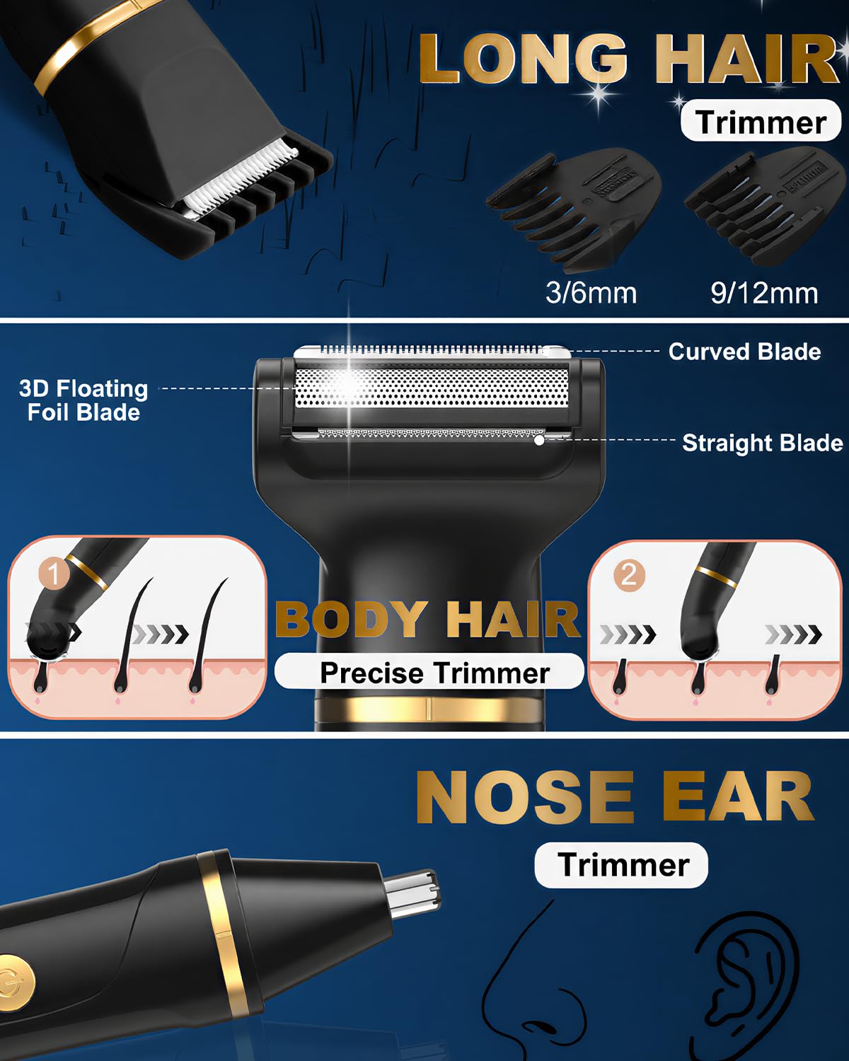 Manscape, rasoio elettrico 3 in 1, rasoio elettrico per inguine, IPX7, impermeabile, per bagnato/asciutto, versatile per palla/barba/naso, ricaricabile tramite USB, per naso e naso, regalo di Natale