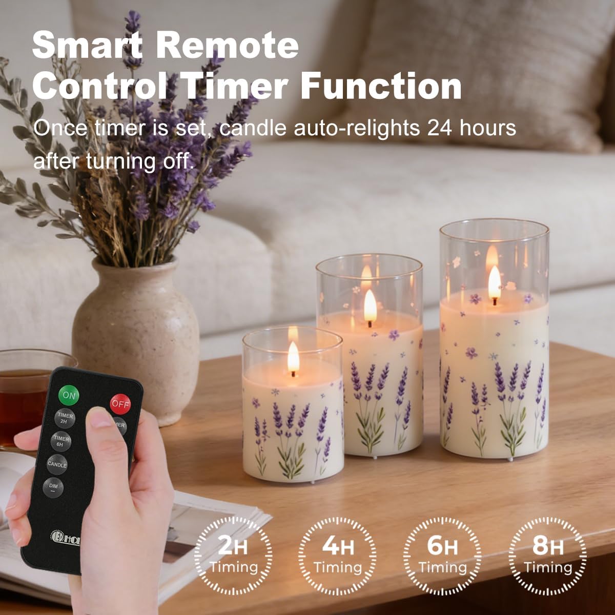 Rechargeable Flameless Lavender Glass Candles, Real Wax Candles Warm Color Flickering Light with Remote and Timer,Festival Home Decor Gifts for Women(Pack of 3)-Lavender