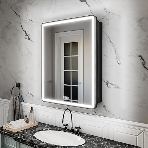 Botiquín iluminado de 24 x 30 pulgadas con espejo, marco negro arena, 3 colores regulables, botiquín LED con espejo de desempañamiento, atenuación