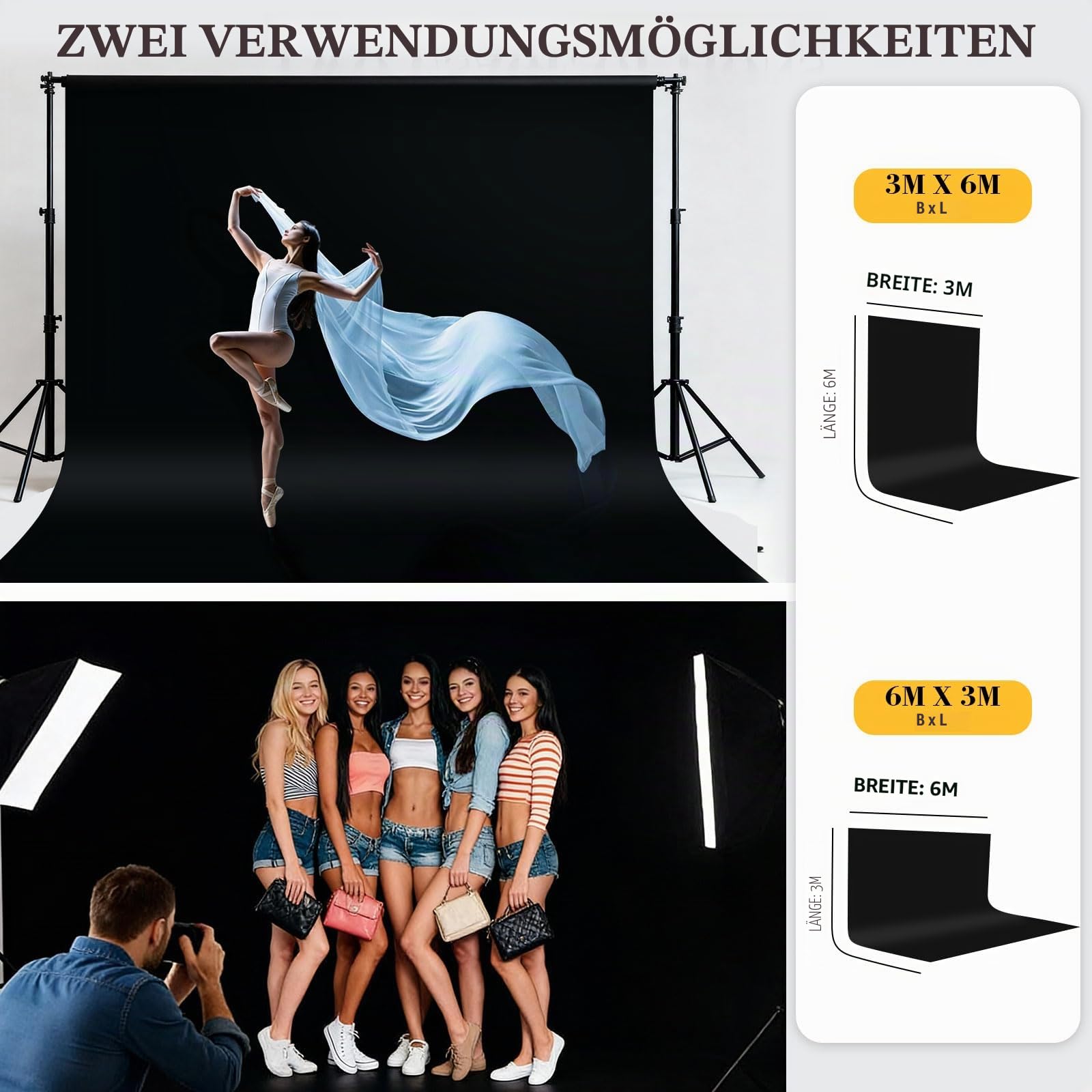3 * 6M Fotohintergrund, Fotohintergrund Schwarz, Hochdichtes Polyestergewebe, StangentaschendEsign mit Vier Clips und Einer Aufbewahrungstasche, Geeignet FürFotostudios, Videohintergrund Systeme