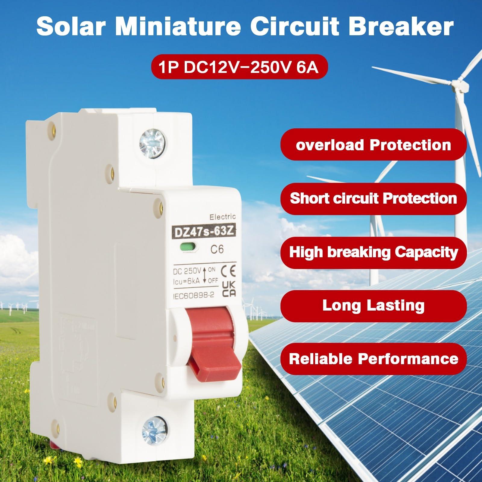 Jadeshay DC Circuit Breaker,25A DC12V-250V Miniature Circuit Breaker Solar PV System Isolator Overload Protection Air Switch for Photovoltaic System Solar Panels DZ47s-63Z-1P - Image 2