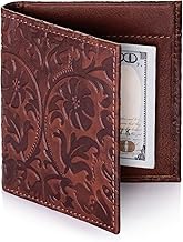 SURAZO Leather Wallet for Men and Women - Handmade Wallet with Floral Embossing - Slim Wallet with Money Clip, 4 Card Slots and Coin Compartment - Genuine Leather Vintage Wallet Brown - Ideal Face,