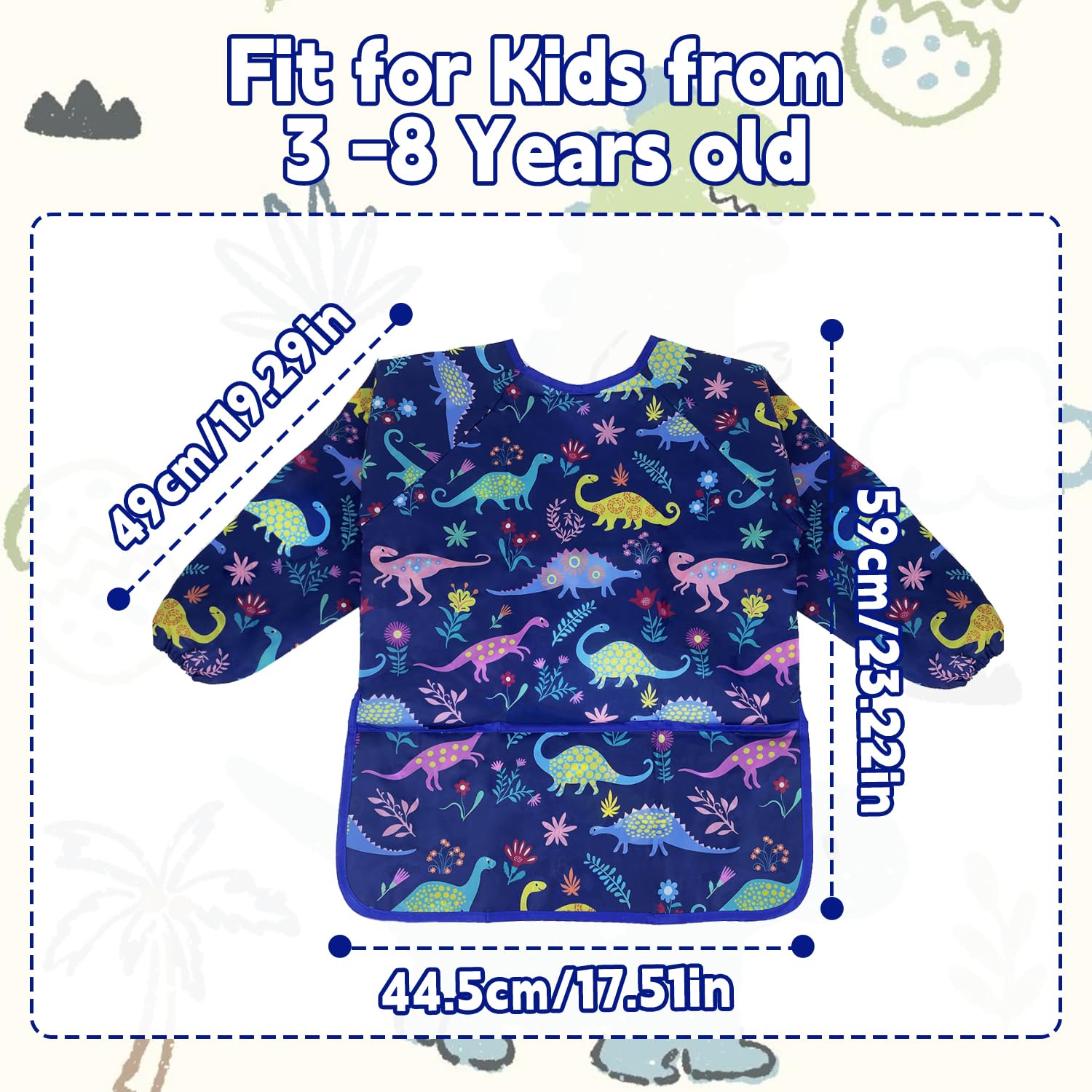 Kids Apron, Ages 3-8 Waterproof Children's Aprons With Long Sleeve and Pocket for Painting Cooking, Eating, Arts & Crafts (Dark Blue) - Image 2