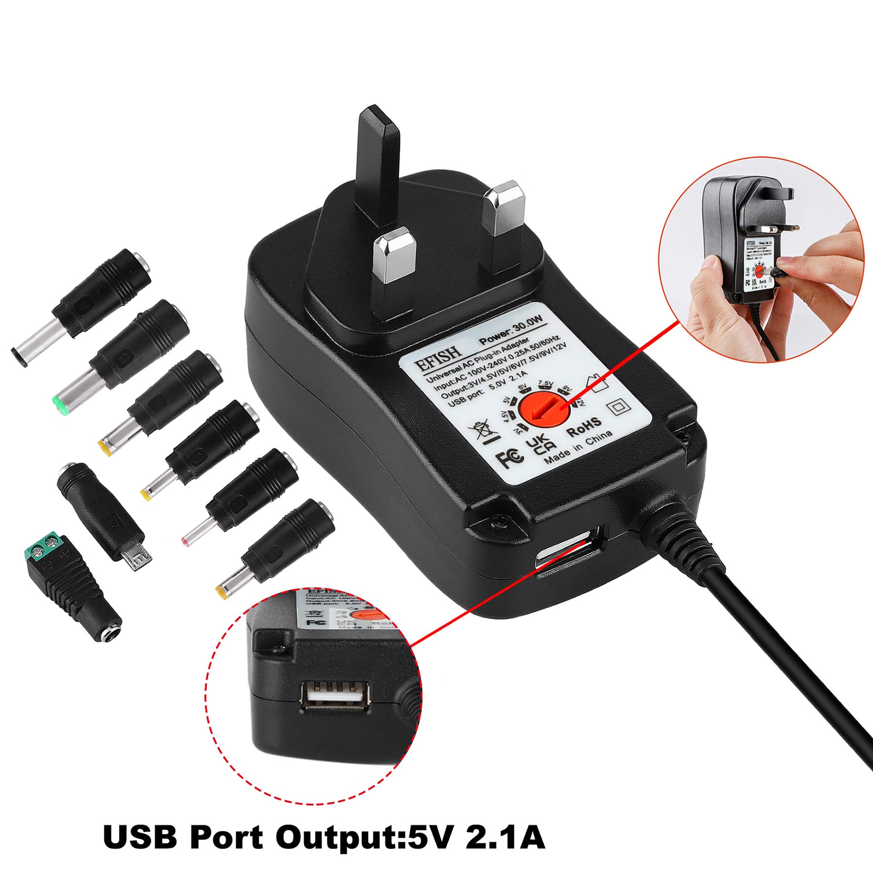 The EFISH International Power Adapter with multiple interchangeable tips.