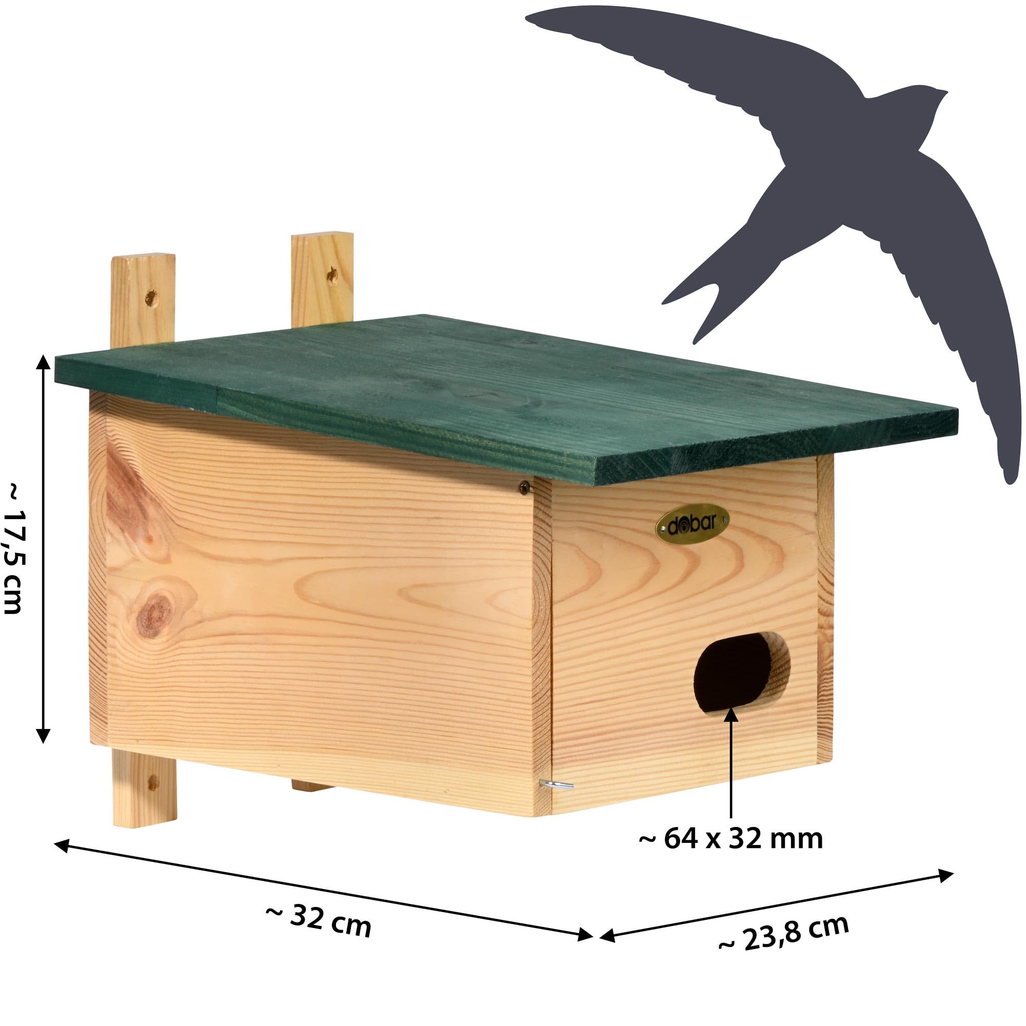 dobar VOBU Nistkasten aus Holz für Mauersegler - Höhlen-Nistkasten mit Ø 64 x 32 mm Einflugloch - Grün