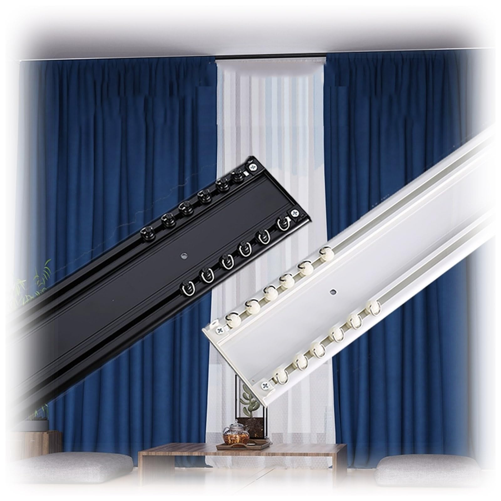 Ensemble de rails de plafond ultra fins à double rail en aluminium pour salon et chambre à coucher 470 cm - Solide - Noir - Installation facile