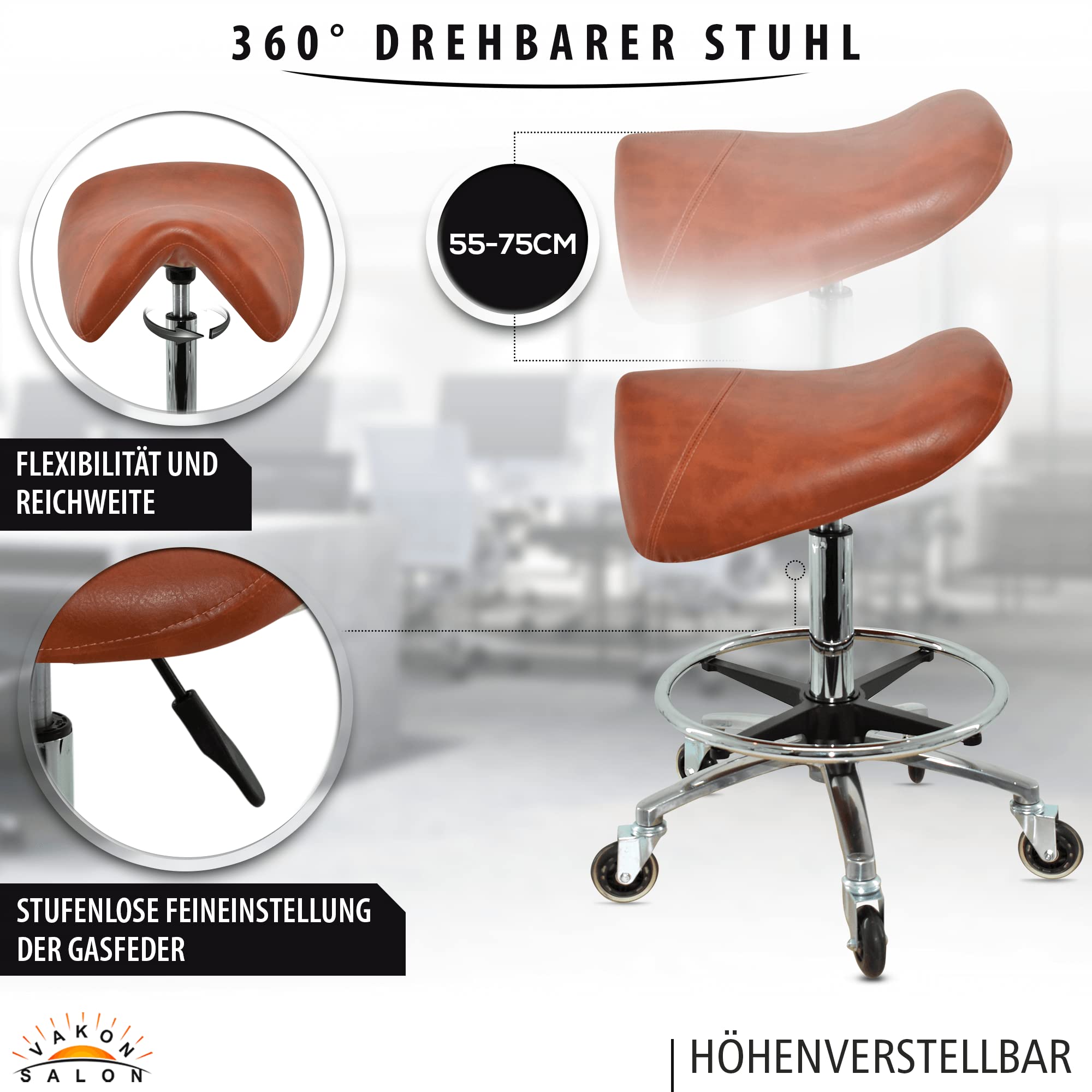 Premium Sattelhocker Hellbraun, Sattelstuhl für Rückenentlastung, Rollhocker höhenverstellbar von 55-75 cm mit Fußring, Drehhocker, Praxishocker, Bürohocker, Arbeitshocker