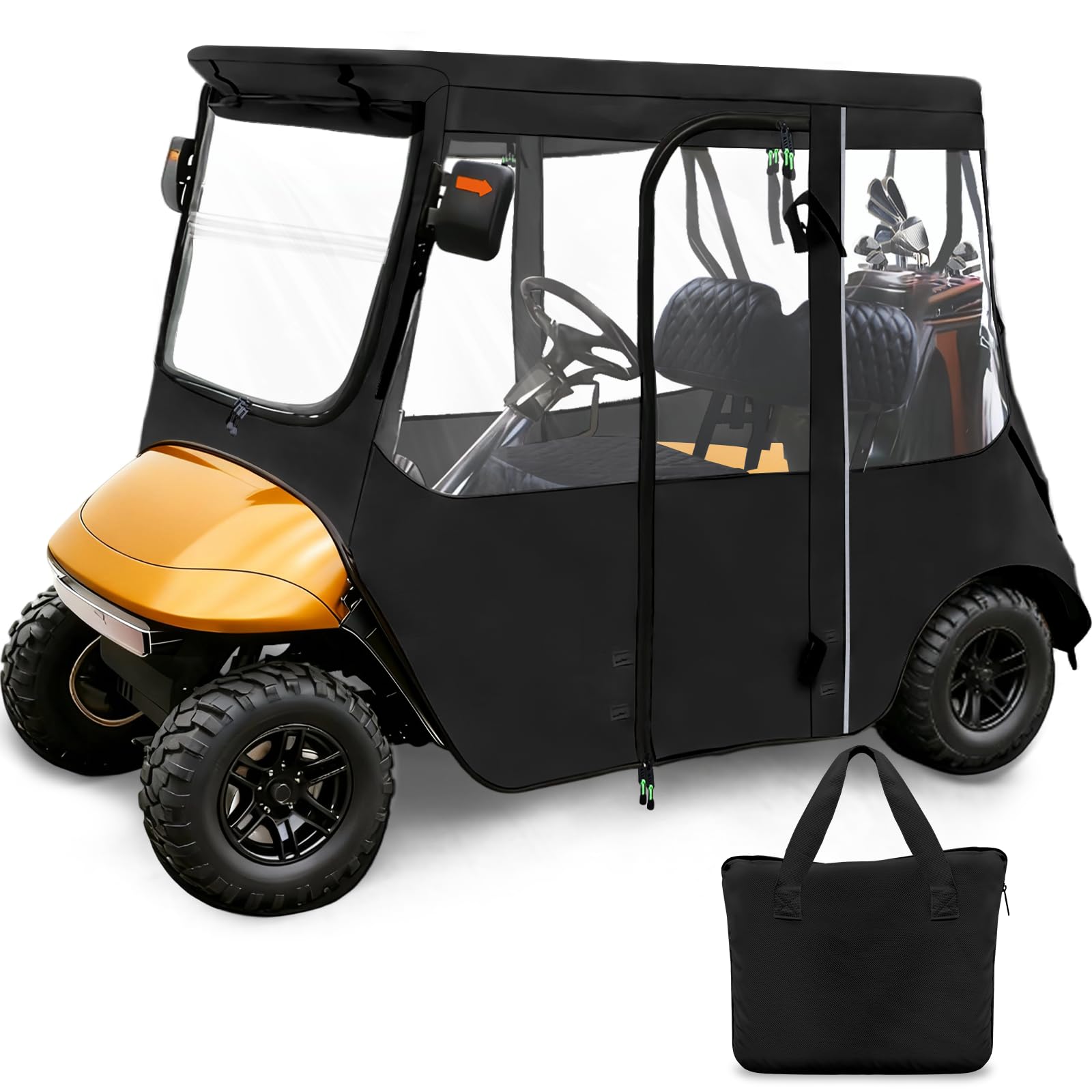 RIZINKART Golf Cart Deluxe Enclosure Cover for EZGO TXT & RXV 2 Seat 600D with 3 Door Zippers, Security Side Mirror Reserved, Waterproof Portable Transparent Storage Driving Rain Cover Short Roof