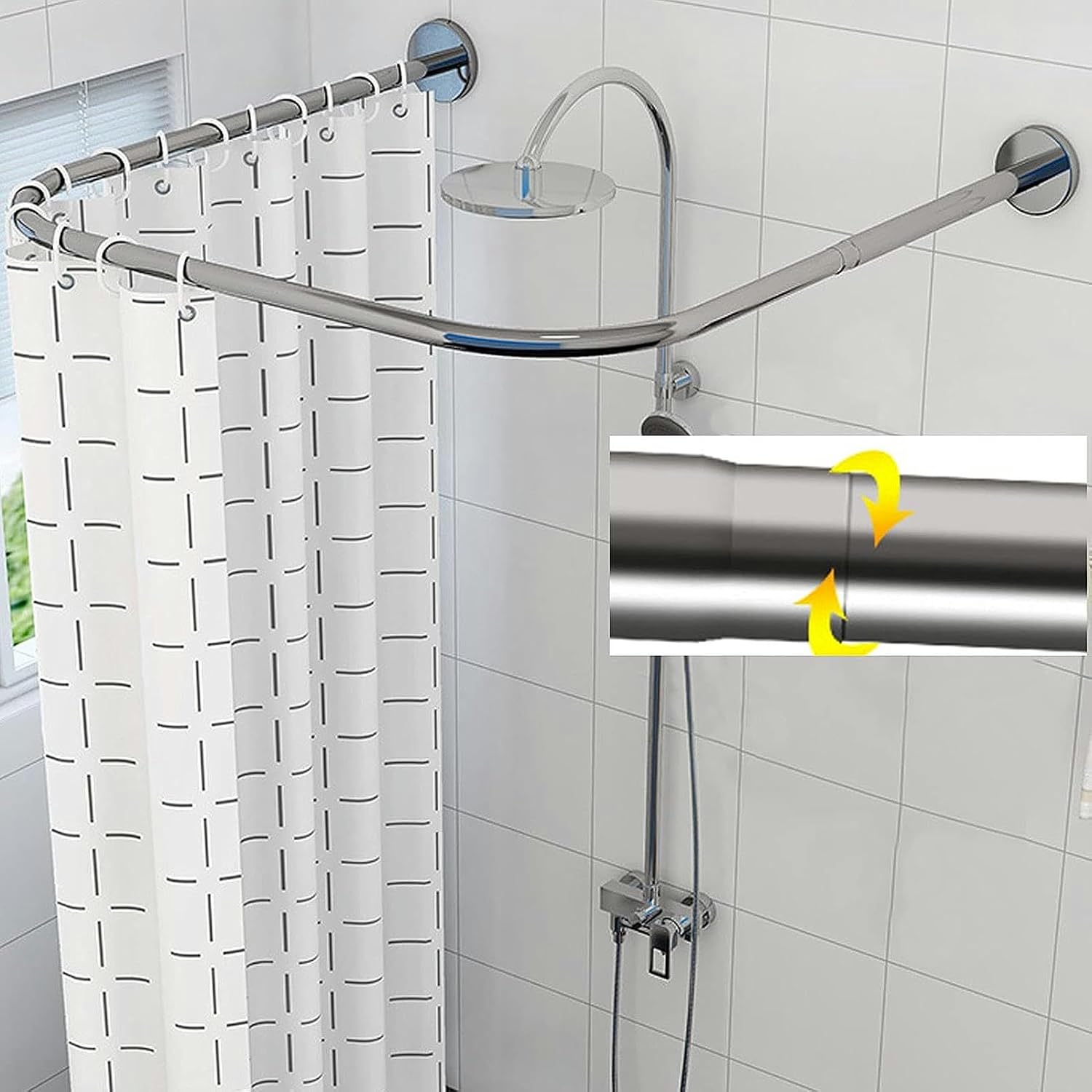 No Drill Curved Shower Rod - Telescoping 304 Stainless Steel Corner Rail, Wall Mounted, Rust-Resistant, Easy Install, Modern Bathroom Upgrade, Space-Saving Design