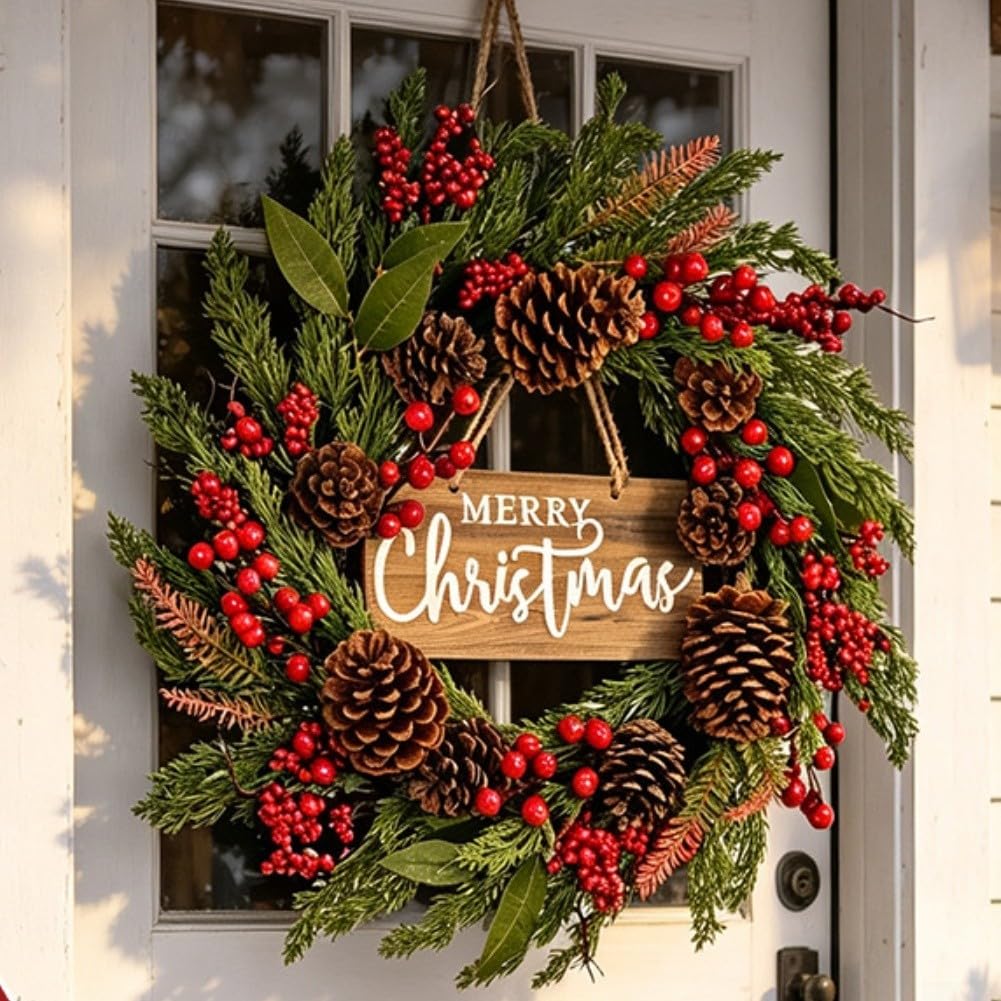 50,8 cm Weihnachtskranz mit roten Beeren und Tannenzapfen für Haustür drinnen und draußen Urlaub Party Dekor