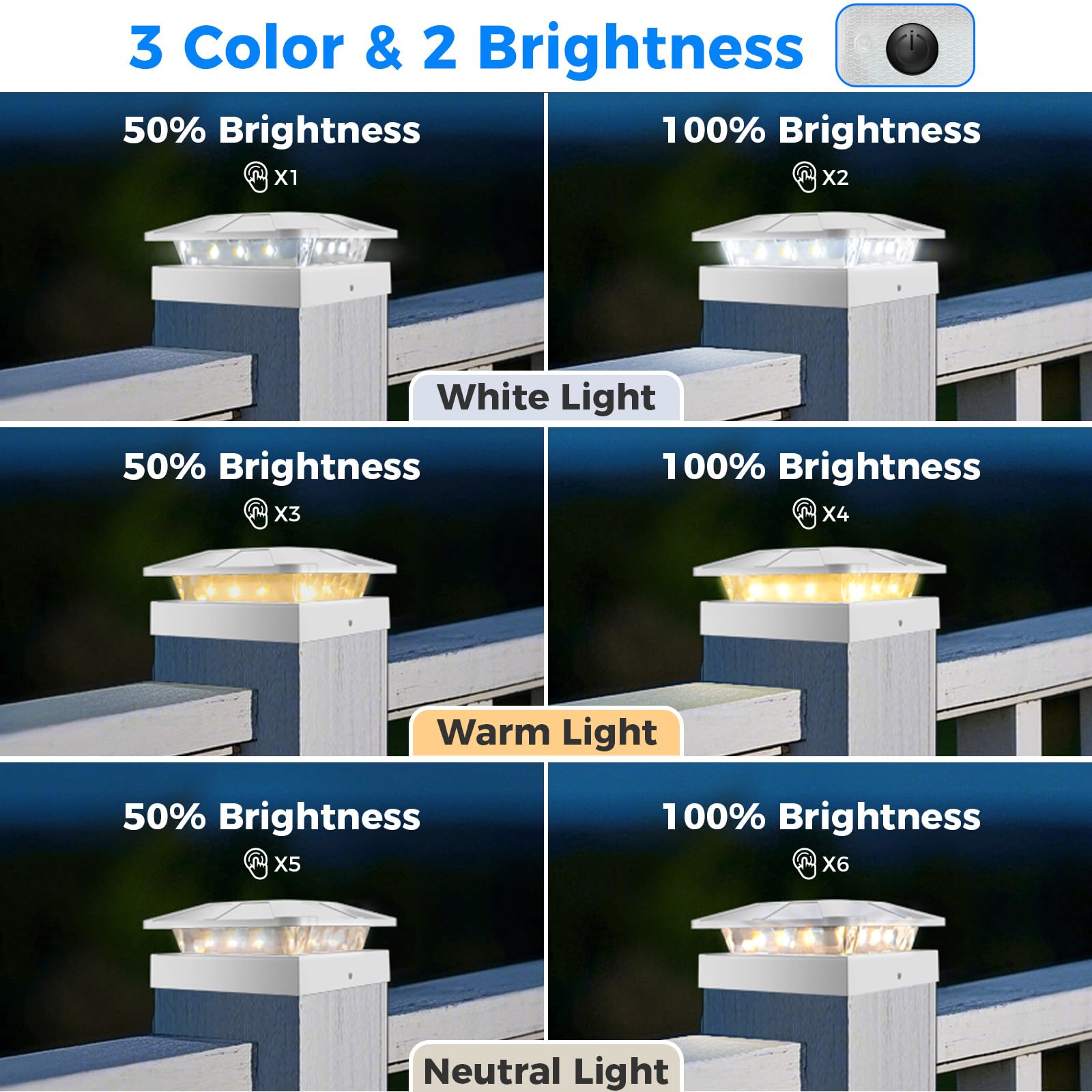 Peasur Solar Post Lights White Frame with 3 Modes, Dimmable Solar Powered Post Cap Lamp - Image 2