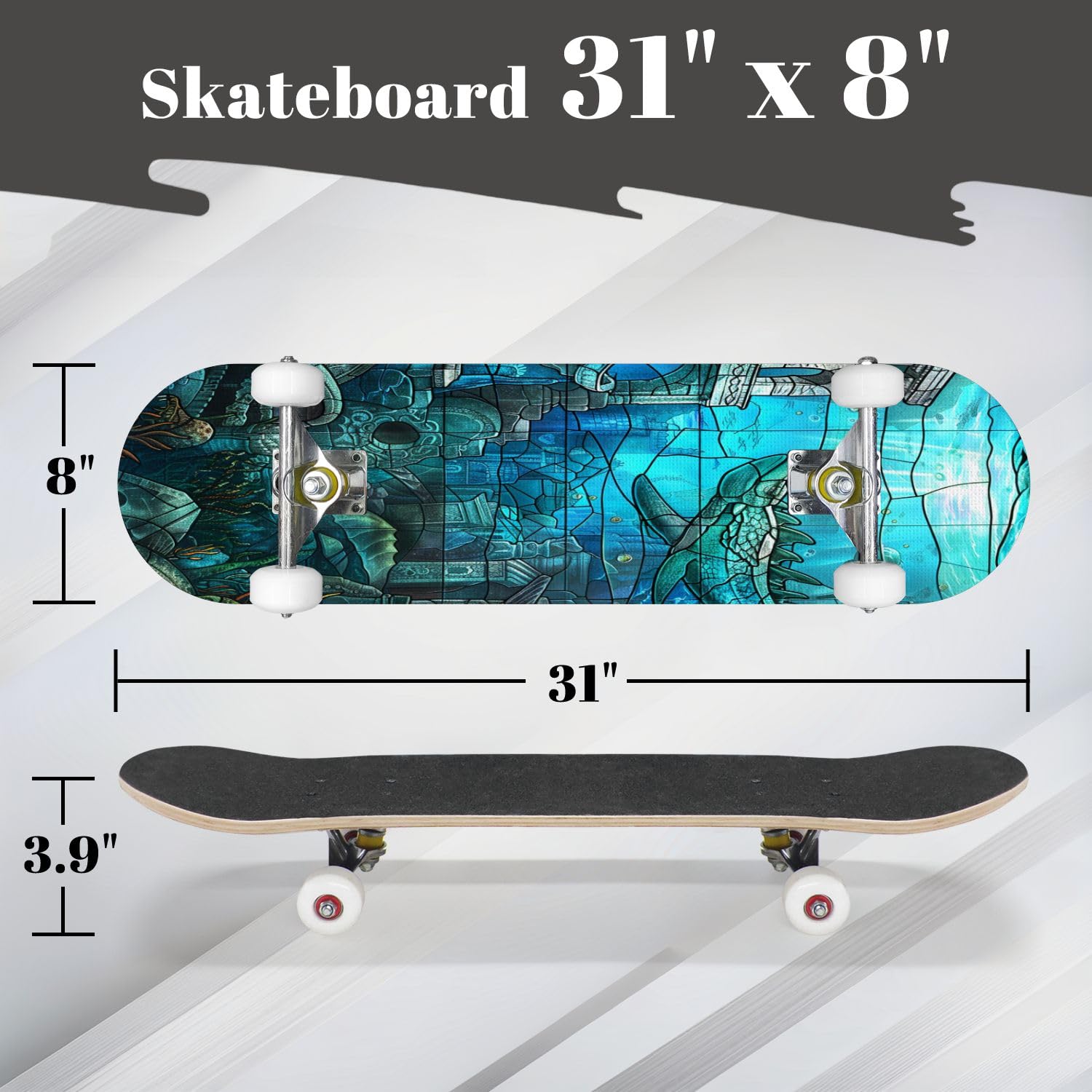 Complete Skateboard with Marine Life Mystical Ocean Luminescence Beginner Skateboard 7-Layer Maple Wood Double Kick Concave Skateboards for Kids, Adults, Teens 31