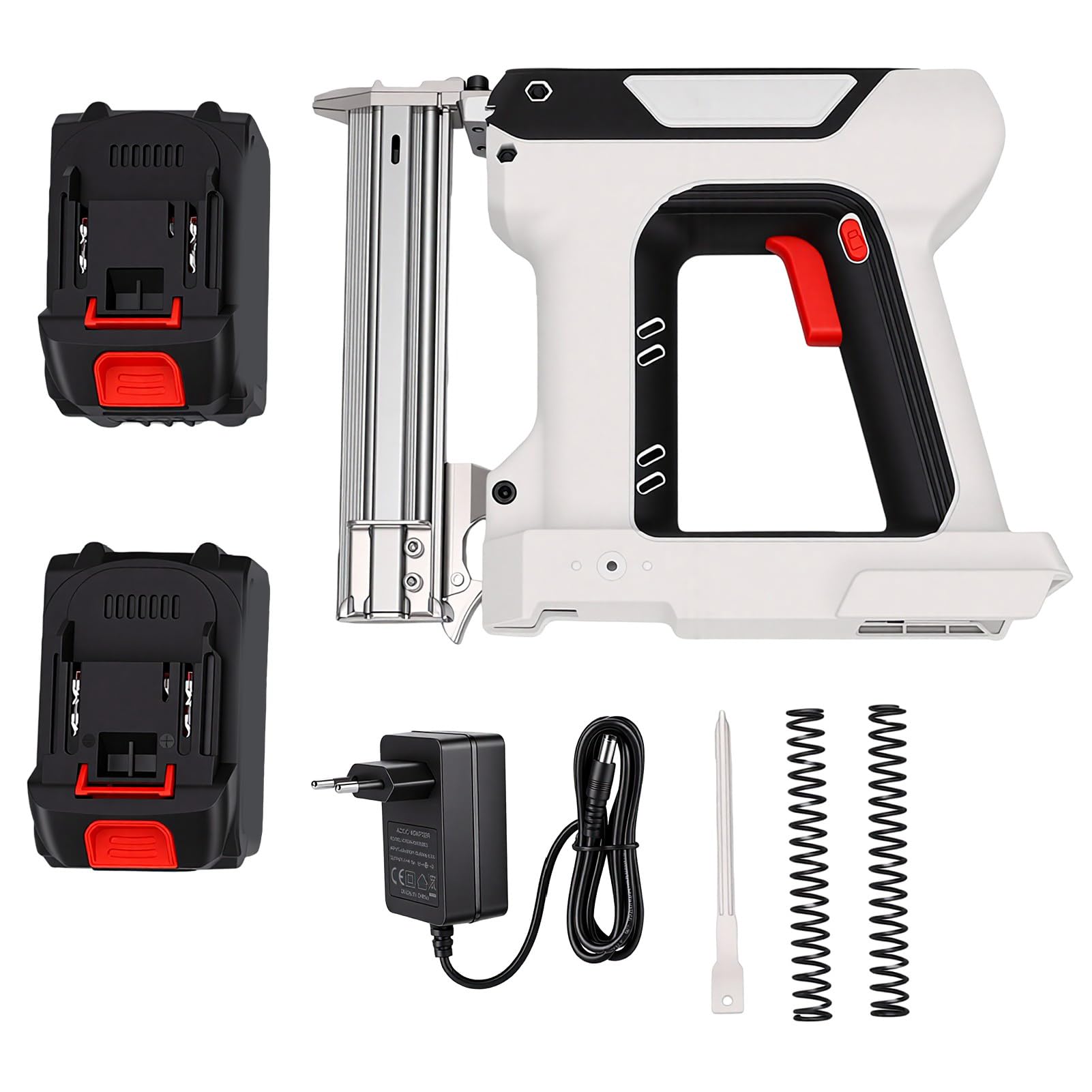 Pistola Grapadora 2 en 1 de Alta Resistencia, Clavadora Brad Inalámbrica con Cargador, Grapadora Eléctrica con Batería de 2x4,0 Ah para el Hogar, Madera, Tapicería, Bricolaje,