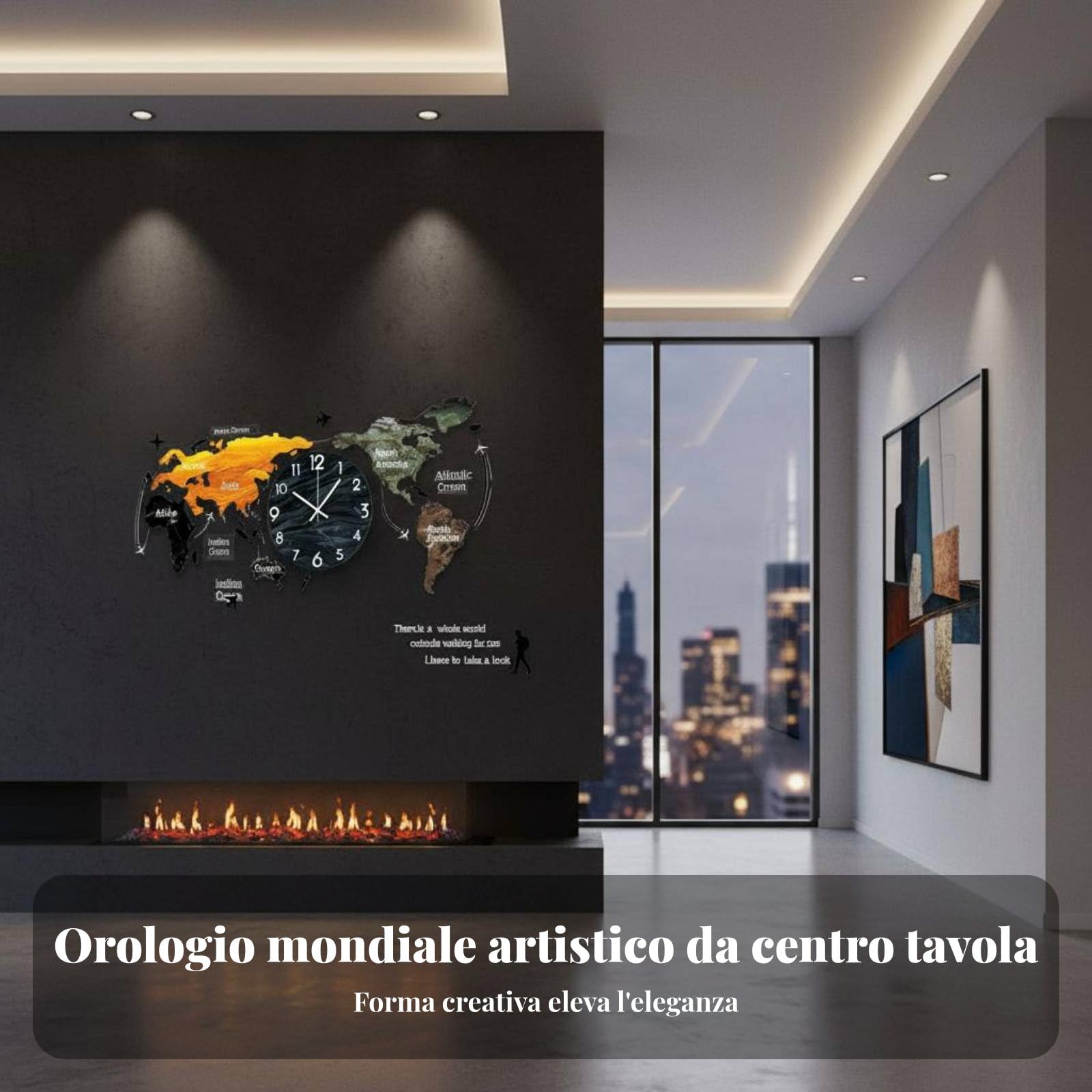 Orologio da Parete Mappa Orologio Decorativo Orologio Silenzioso Orologio Moderno con Design Minimal Effetto 3D Multistrato Superficie in Acrilico, 120x55cm, LED Nero