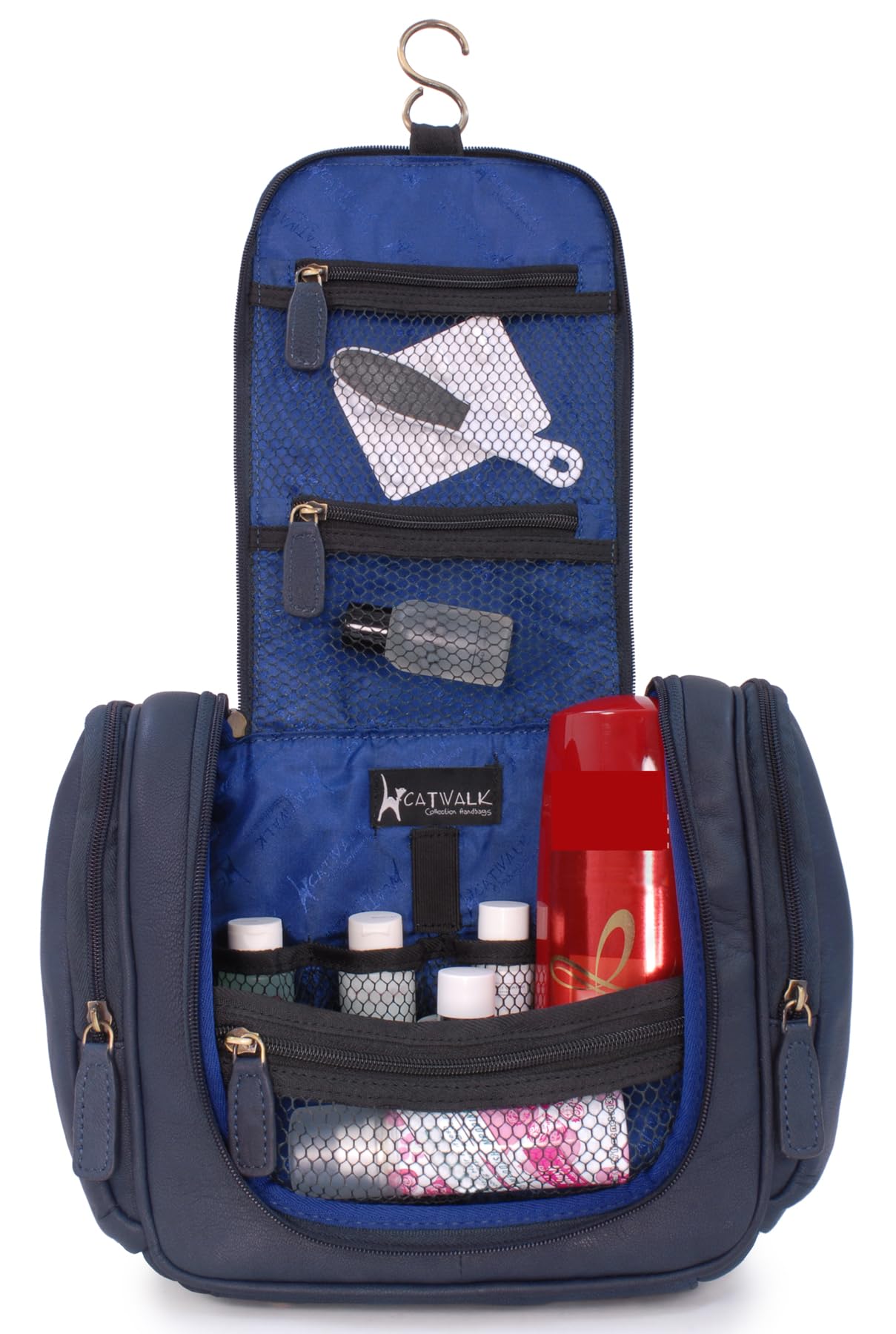 Catwalk Collection Handbags - Grande Neceser de Viaje de Piel - Bolso de Aseo Colgante - Bolso de Baño para Mujer - con Gancho - Maisie - Azul