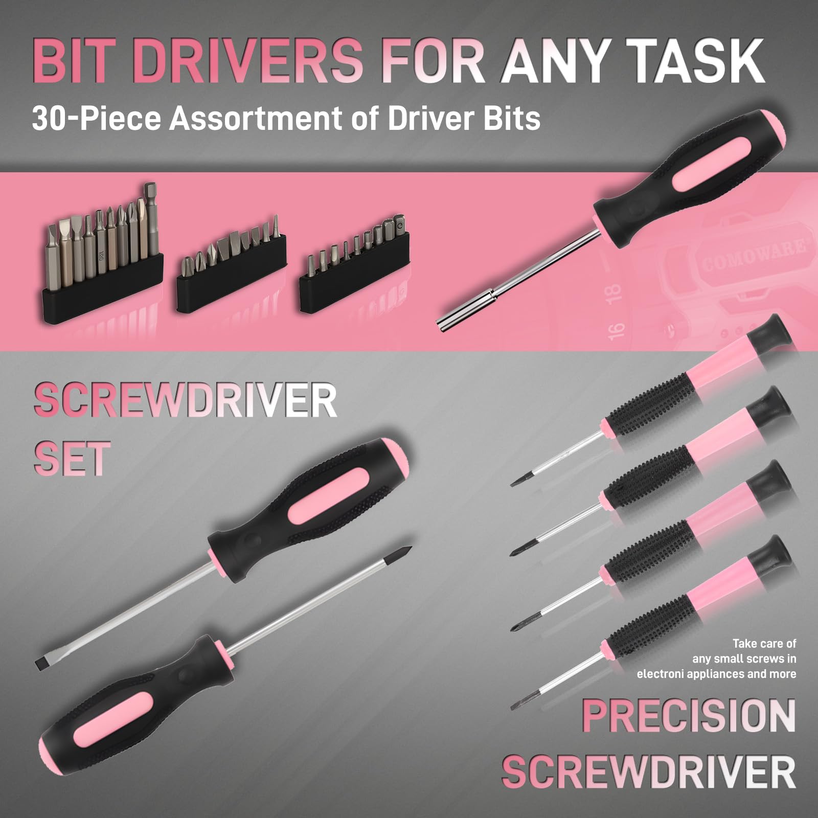 COMOWARE Kit di attrezzi per la casa con trapano rosa, 195 pezzi, kit di utensili per la casa con trapano elettrico senza fili da 12 V, set di utensili per la riparazione domestica con custodia per le