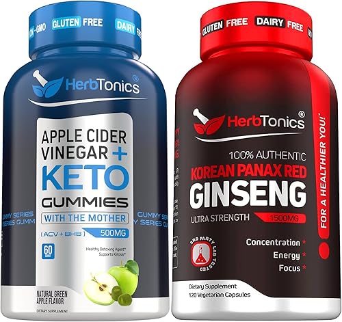 Herbtonics ACV Keto Gummies con la madre y Keto BHB Gomitas de vinagre de sidra de manzana Panax Ginseng rojo coreano 1500 mg Ginseng de alta
