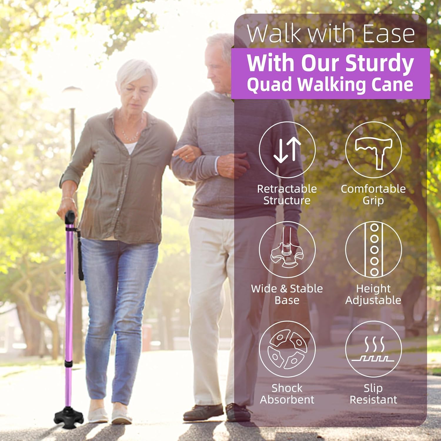 Adjustable Walking Cane for Women,10-Level Height Telescopic Walking Stick with 4-Prong Anti-Slip Pivoting Base, Wrist Strap, Heavy Duty Walking Aid for Adults & Elderly