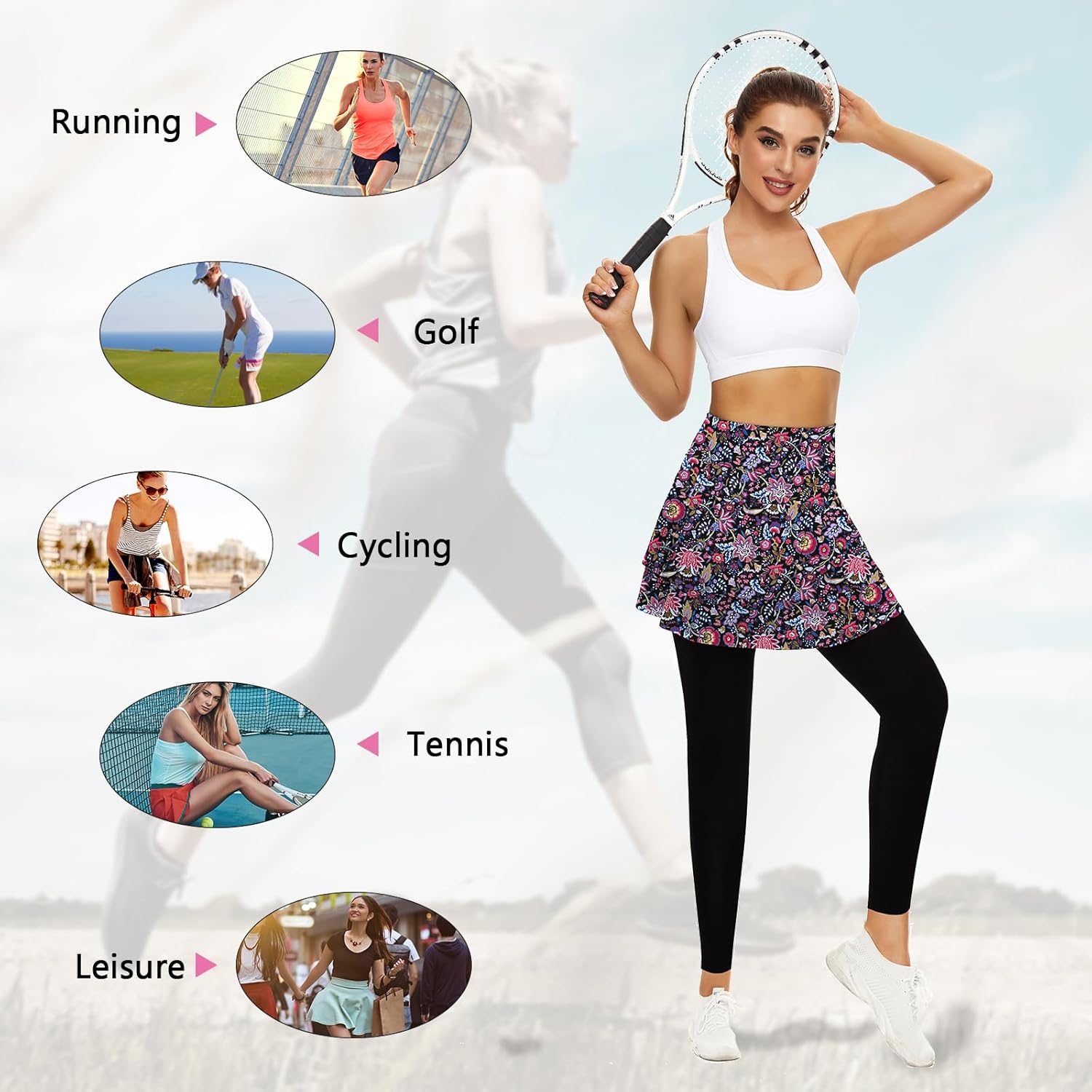Tennis Skirted Leggings with Pockets for Women Active Skort Athletic Ruffle Pleated Golf Skapri with Skirt