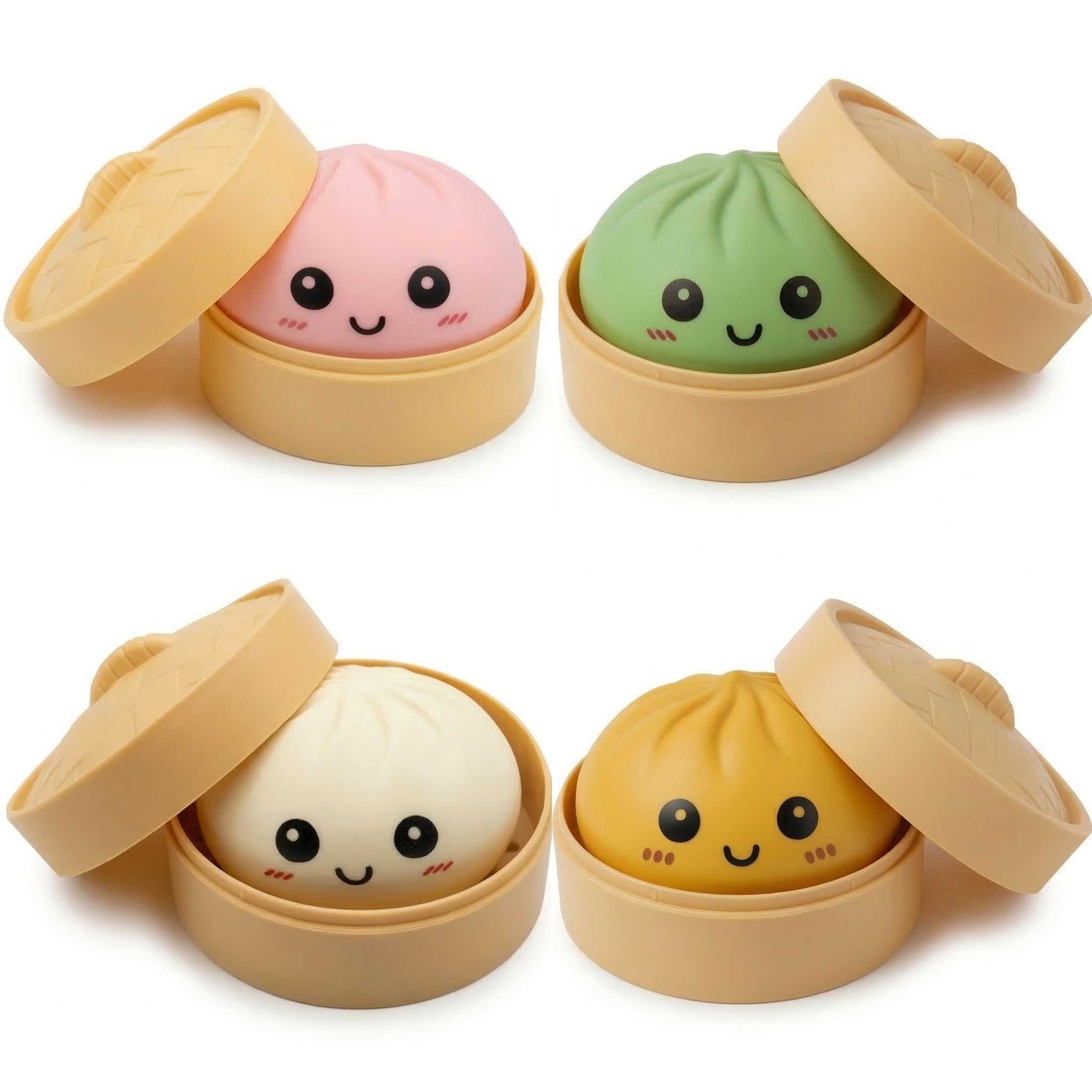 Moiegouct 4 PCS Dumpling Squishies with Box, Colorful Mystery Squishys Dumplings Stress Relief Balls Fidget Sensory Toy,Bao Bun with Food Steamer
