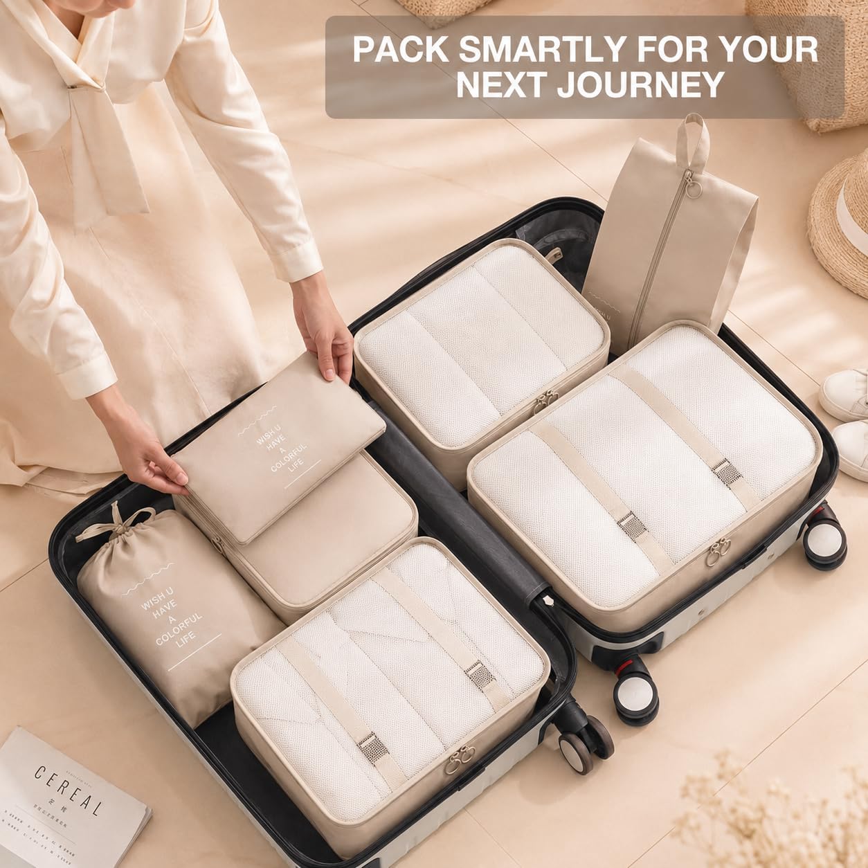 Kit Organizador de Mala para Viagem, Cubos Organizadores de Bagagem com Necessaire para Roupas Sapatos, Bolsas Dobráveis Impermeáveis para Malas, Acessórios de Viagem Unissex