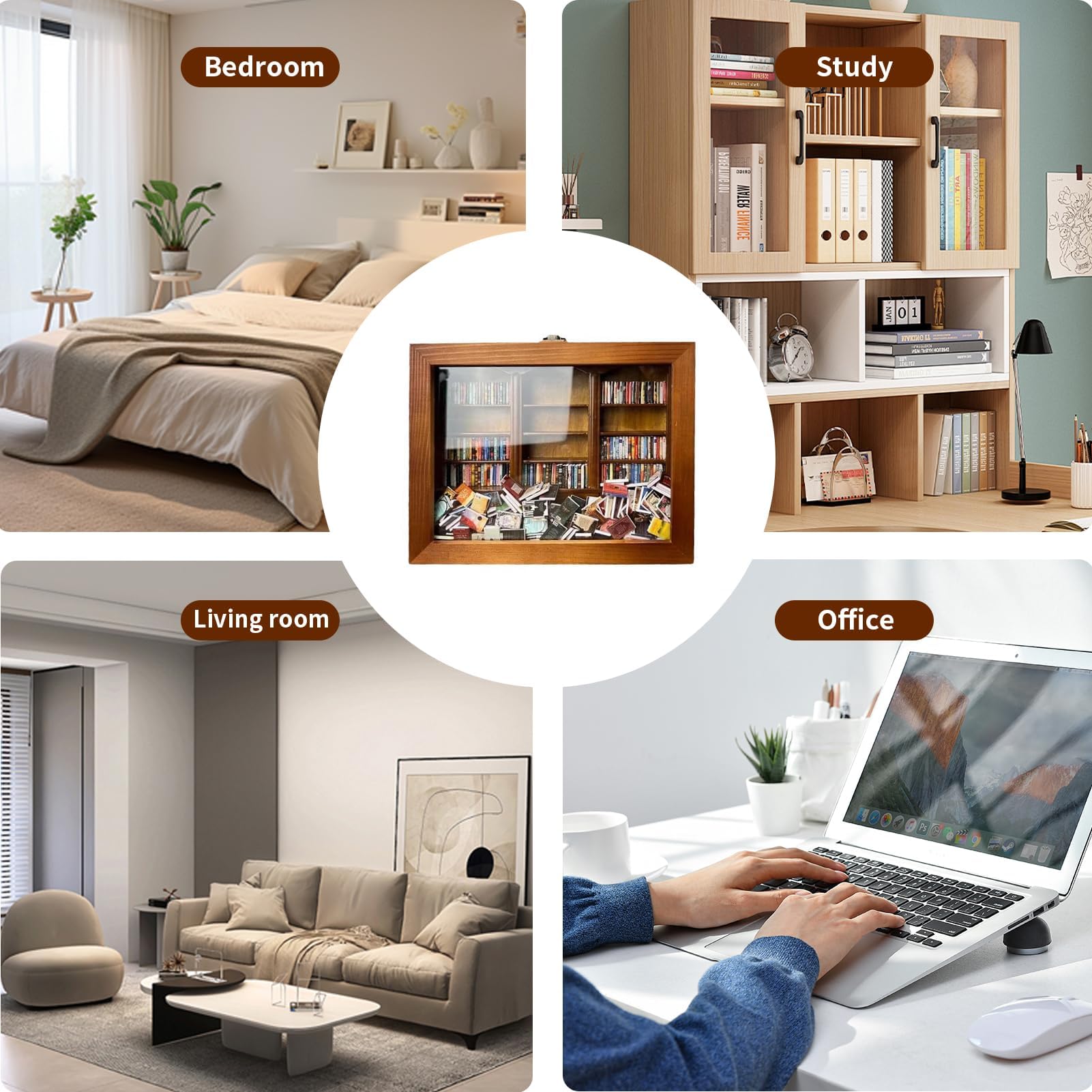 Angst-Bücherregal Miniatur – Mit 24 Echten Mini-Büchern & Sukkulenten, Handgefertigt Aus Holz, Anti-Stress-Deko