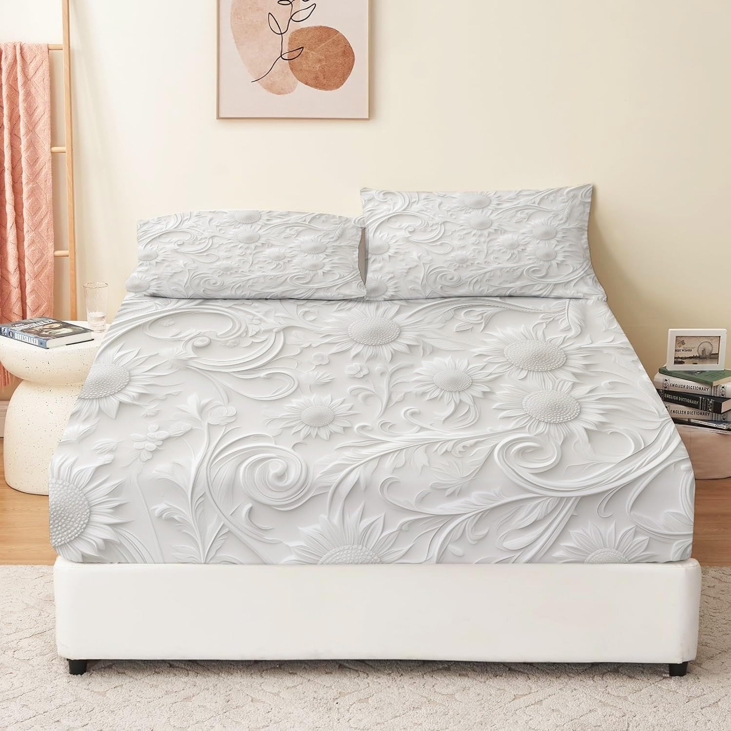 Lenzuolo con angoli profondi stampato con piccoli fiori bianchi con angoli stampati 3 pezzi con 2 federe Lenzuola in tessuto microfibra spazzolato extra morbido bianco, 160 x 200 + 30 CM