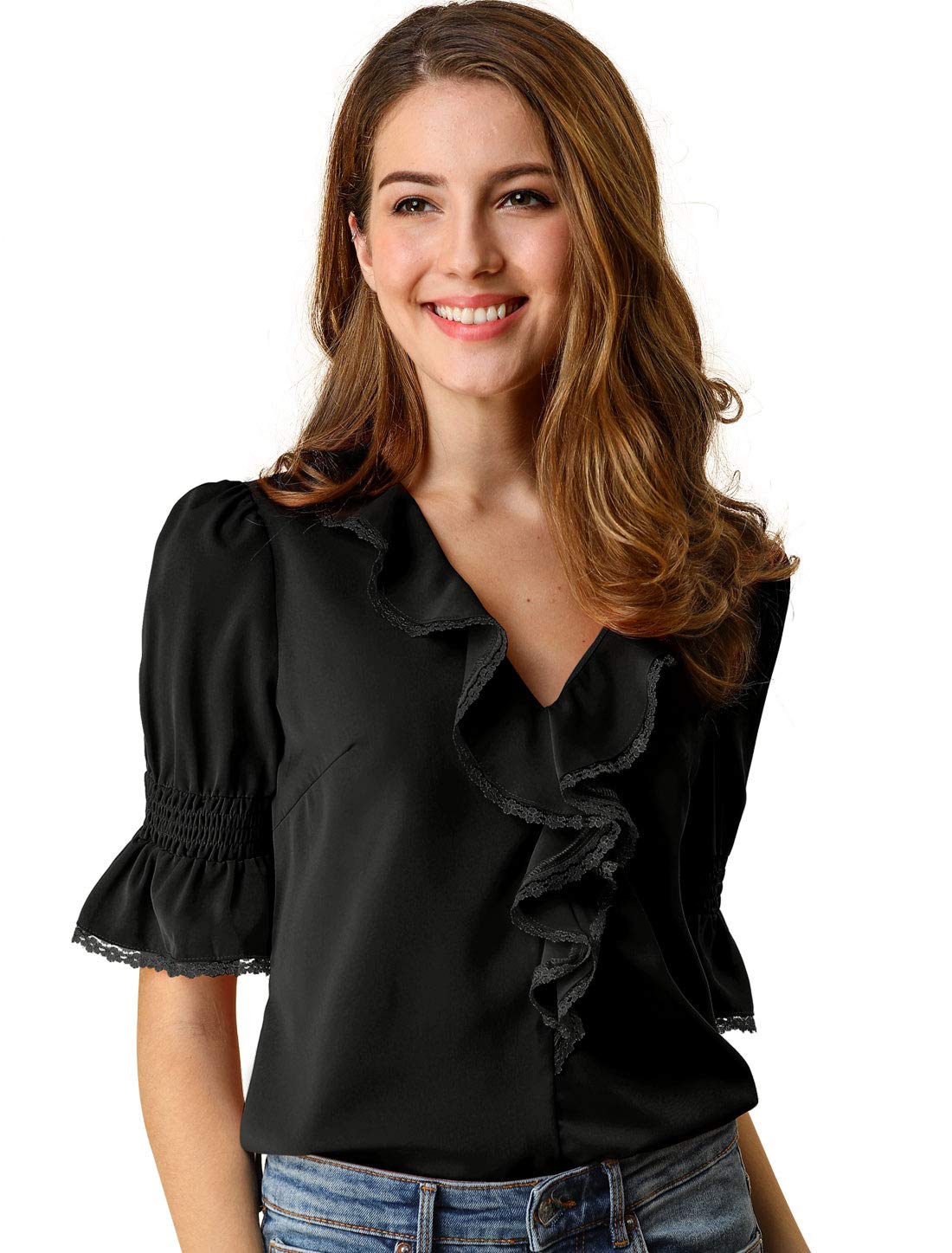 Allegra K Blusa De Manga De Campana con Cuello En V Y Volantes para Mujer, Blusa Campesina De Gasa Informal Vintage De Verano