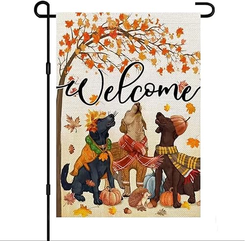 Bandera de jardín de otoño de 12 x 18 pulgadas, vertical, de doble cara, de arpillera para perro, Acción de Gracias, hojas de bienvenida, bandera de