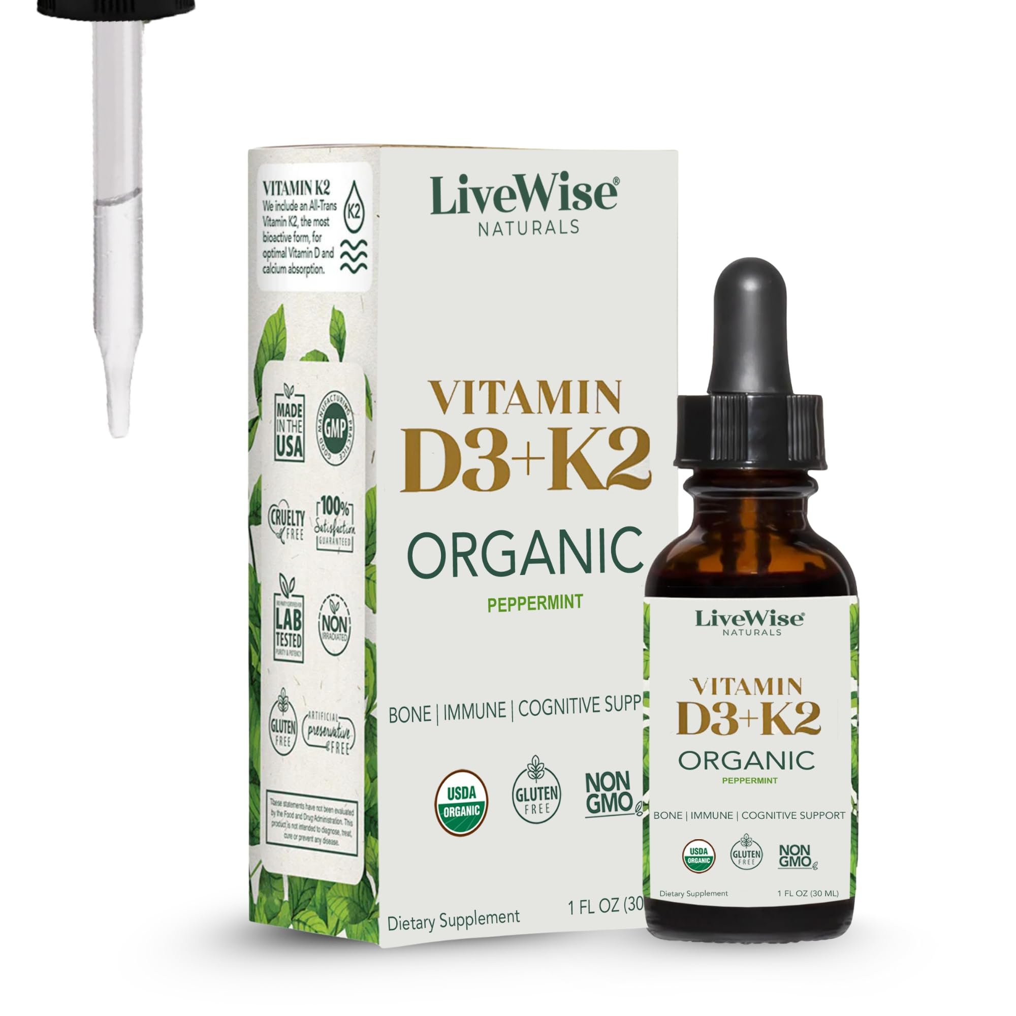 Vitamin D3 with K2 Liquid Drops, All Non GMO, 1208IU D3 and 25mcg K2 (MK7) Per Serving, Strengthen Bones, Boost Immune System and Energy Levels, with or without Peppermint Oil