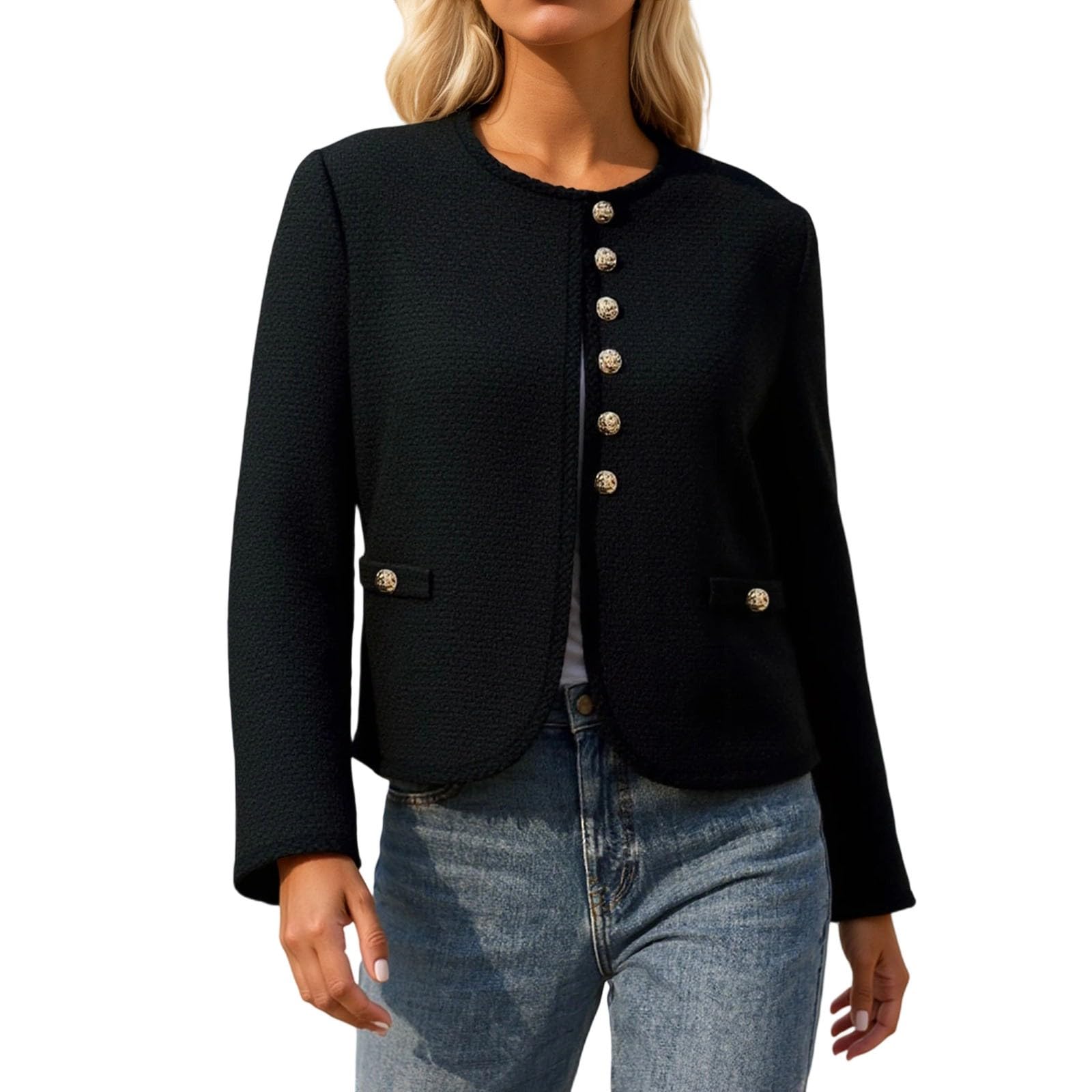 Chaqueta Informal Ligera de Cuello, cárdigan Corto con Botones metálicos clásicos para otoño, Mujer, Elegante, Moda