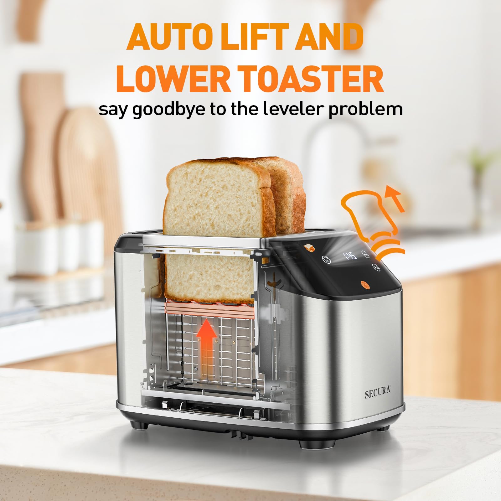 Secura 2 Slice Toaster, Fully Automatic Digital Stainless Steel Toaster with Countdown Timer & Keep Warm Function, 6 Browning Levels, Bagel/Defrost/Reheat/Single-Slice Modes, Removable Crumb Tray
