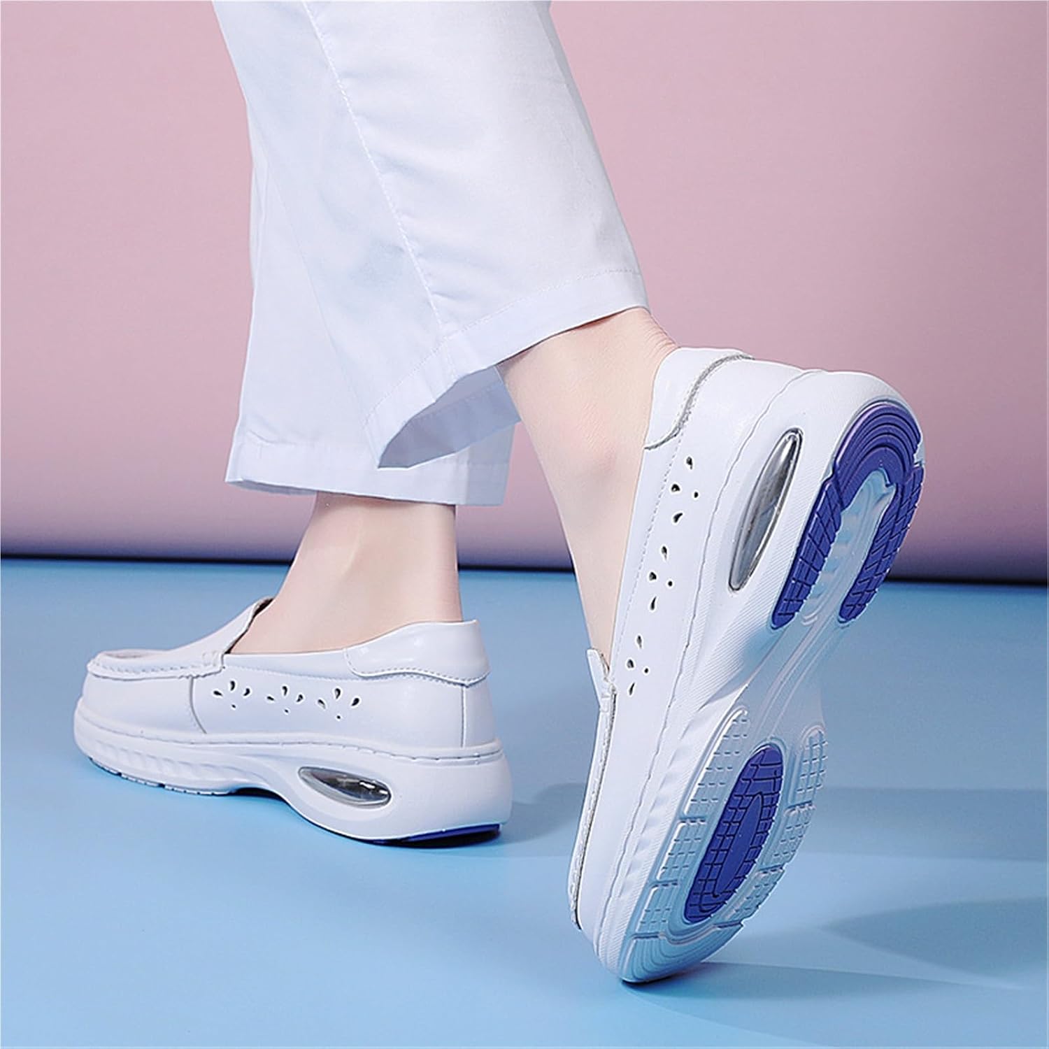 Wygwlg Lightweight Non-Slip Nurse Shoe, Women's Breathable Hollow Out Soft Bottom White Leather Nurse Working Shoes, Platform Waterproof Shoes, for Medical Workers, Healthcare Work