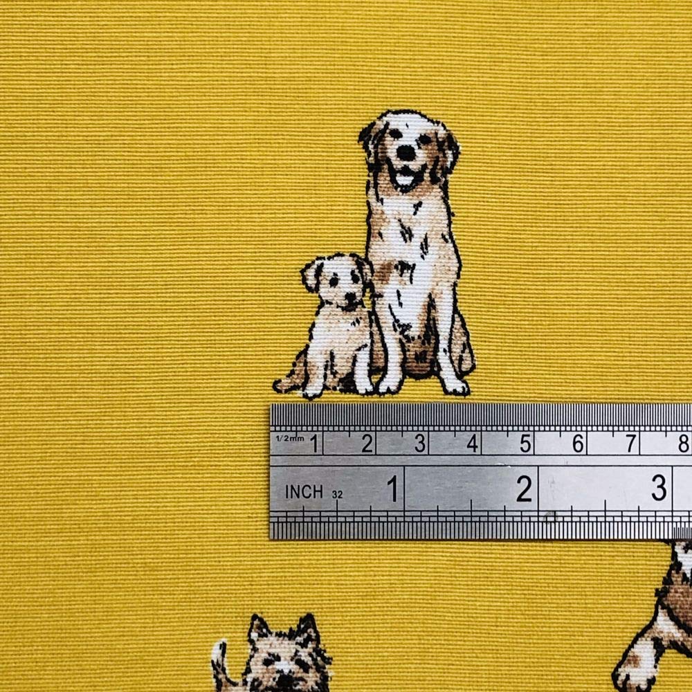 1/2 Metre | Mustard Yellow 100% Linen Fabric Shabby Animals Dog Digital Print Design for Upholstery, Curtains, Craft Quilting, Patchwork, Cushion, Dress Making and Bags 54”/138cm Wide