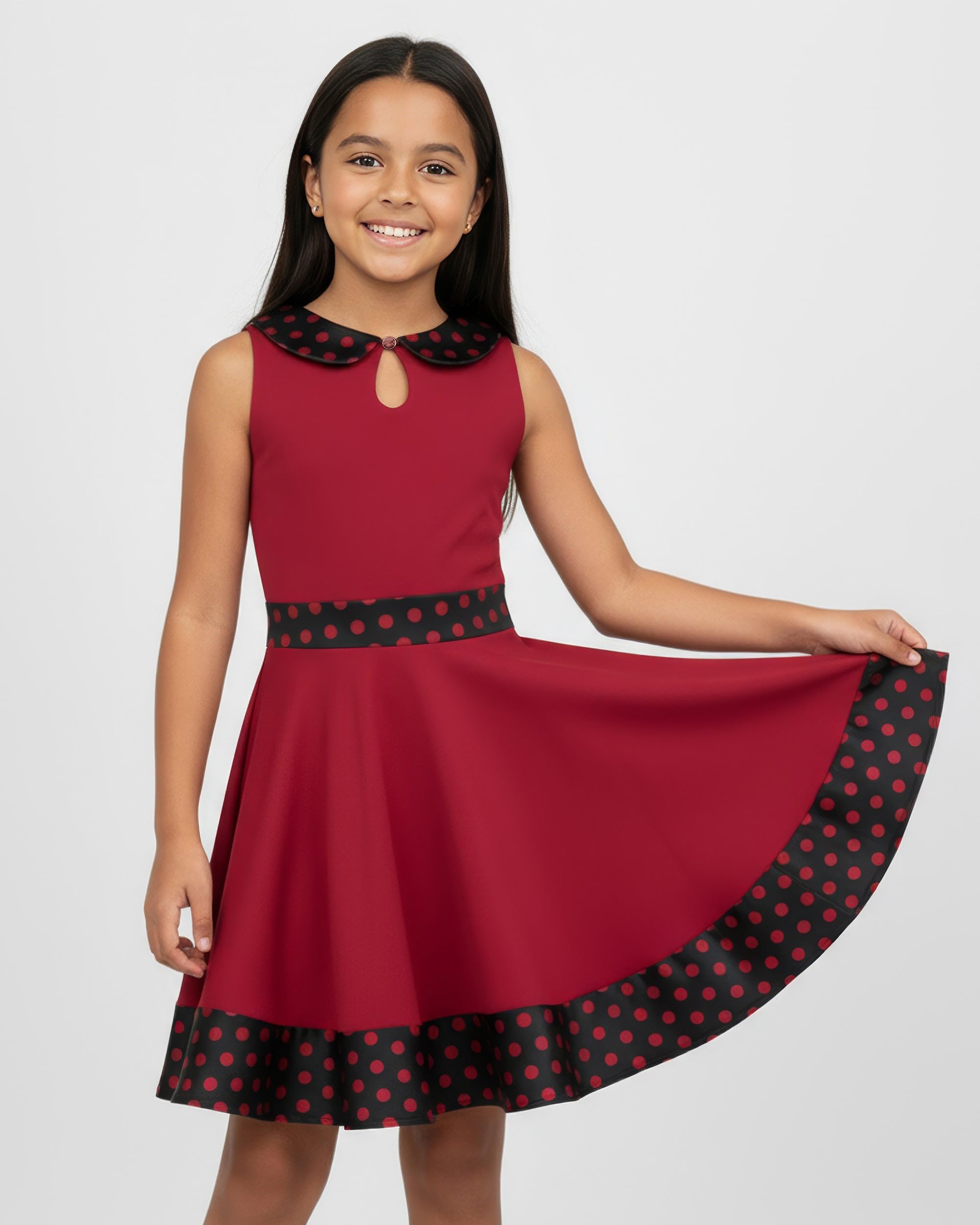 BlackButterfly Mädchen Kleid Zoey Punkte | Tellerrock, Ärmellos, Bubikragen, Kontrastbesatz, Gefüttert, Reißverschluss Hinten, Zum Drehen, 3-14 Jahre