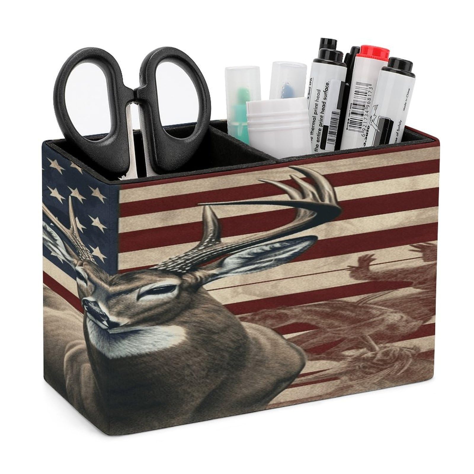VstaDank Americana Flag Deer Pencil Holder for Desk Organizer 2 Compartments Pen Cup Leather Square Pen Holder Pencil Cup Stand Makeup Brush Holders for Desktop Organizer Storage Case
