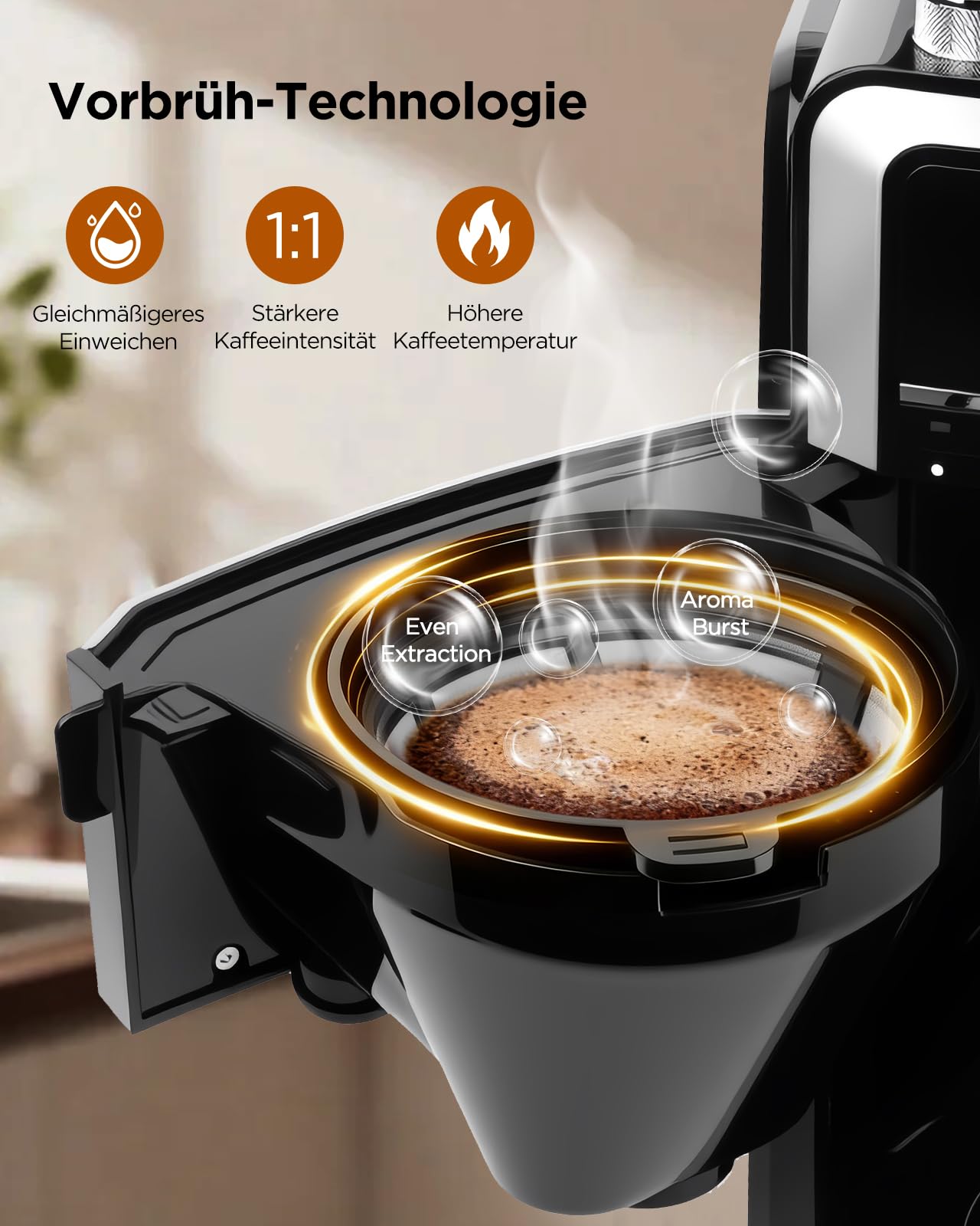Aigostar Kaffeemaschine mit Mahlwerk, 7 Mahlgrade, 3 Aroma-Stufen, Schwarz