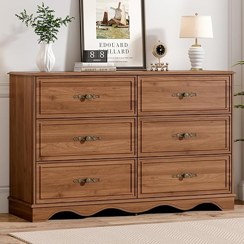 Mid Century Modern 6 Drawers Dresser for Bedroom,47" Wide Wood Rustic Chest of Drawers with Metal Handle,with Anti-Tipping Device,Drawer Organizer for Bedroom,Living Room,Hallway and Entryway,Brownish