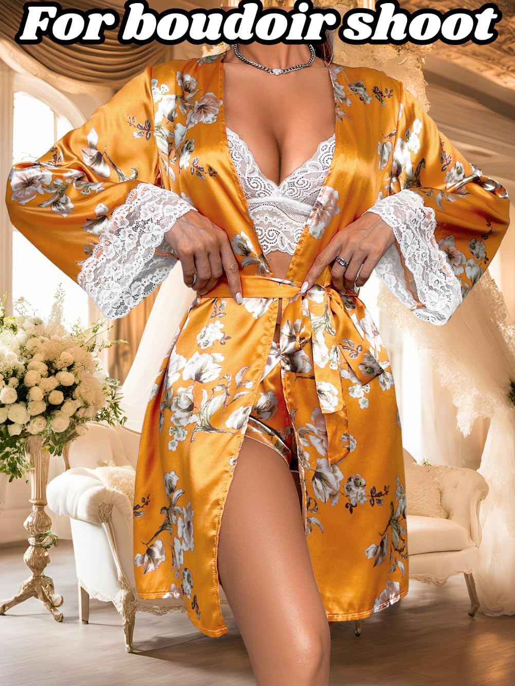 ChiaoLezhee Women's Silk Satin Pajama Sets, Sexy Lace Lingerie with Printed Robe, 3 Piece Pjs for Bridal Shower Gifts