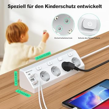 Corner Socket 4-Way Individually Switchable with 4 USB 2 m Cable