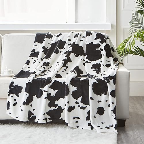 Manta con estampado de vaca, manta de forro polar suave con estampado de vaca para sofá, sofá (piel de vaca, tamaño de manta de 50 x 60 pulgadas)
