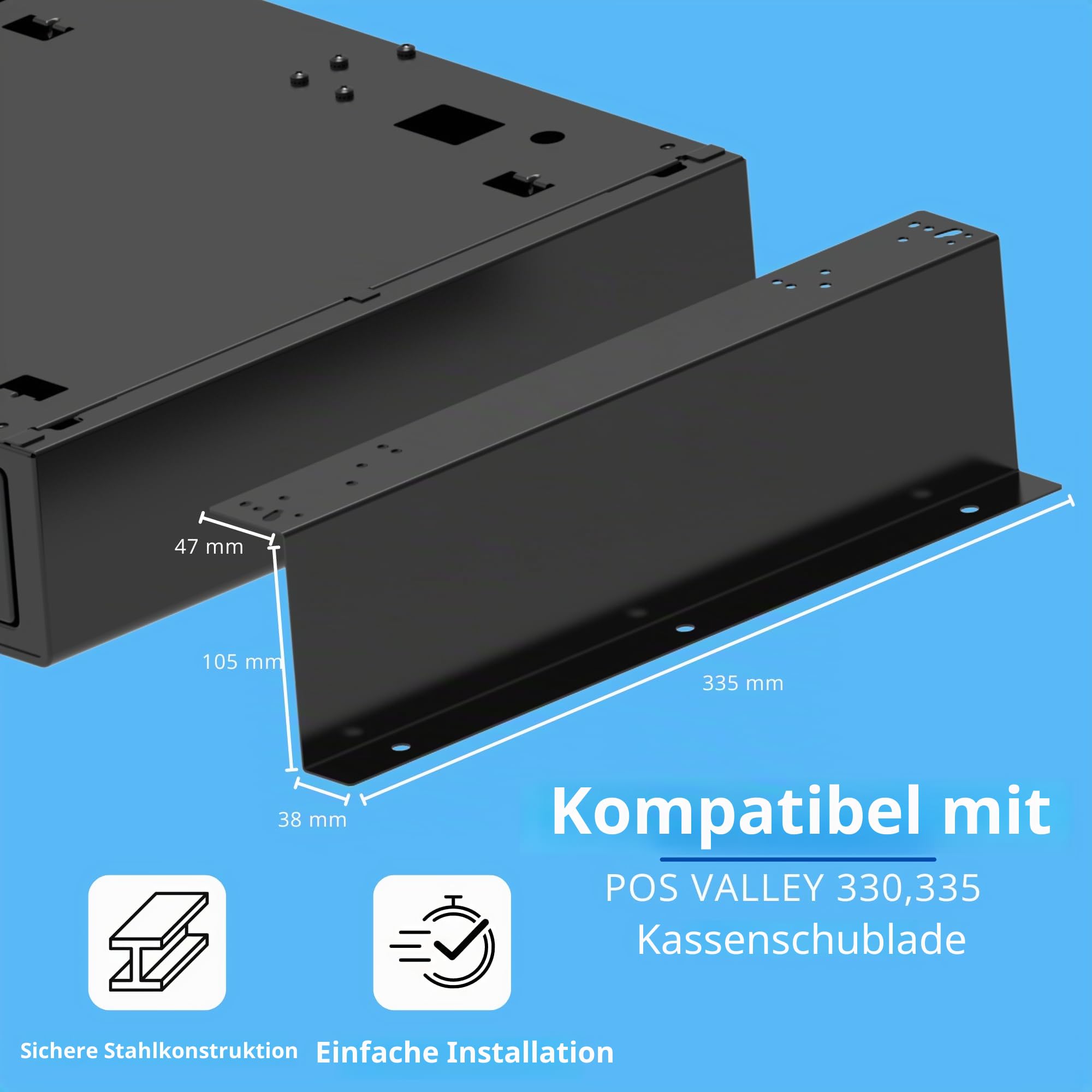 Untertisch-Halterung für Kassenschublade - 2x Montageschienen für 33x33cm Geldschublade, einfache Montage, robuster Stahl, Halterung für Registrierkasse & Kassensysteme