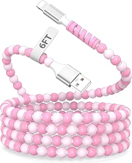6FT USB A Cable Cute Beaded for Apple iPhone 14 13 12 11 Pro Charger Cord | Pink Beads USB-A Charging Wire for CarPlay Car Home Office for iPhone 14 13 12 11 Pro Max XR XS 8 7 6 6s Plus SE for iPad