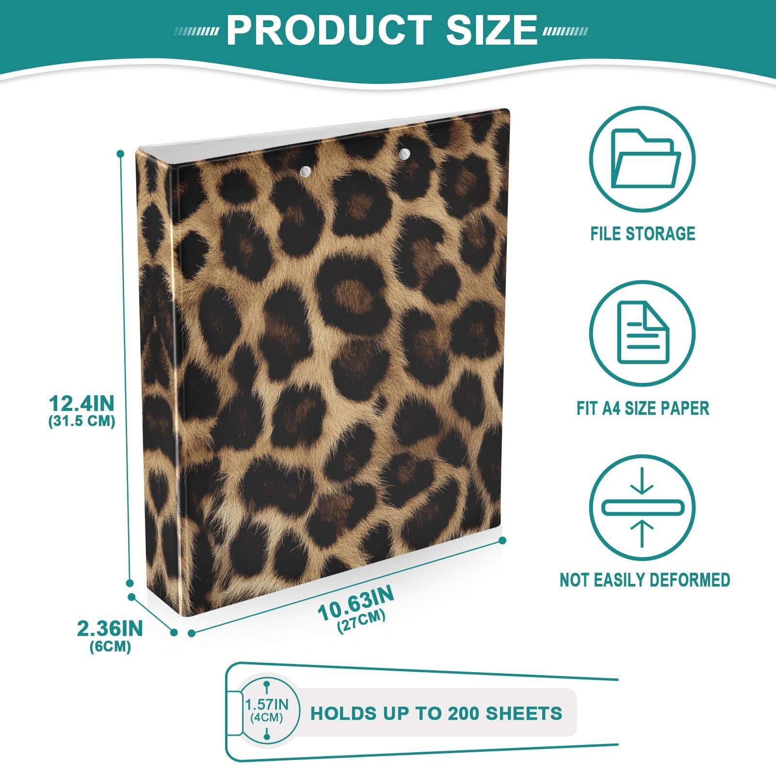 Confezione da 2 raccoglitori a 3 anelli, stampa leopardata con pelle di animale, 3,8 cm, con 3 tasche trasparenti, portablocco e contiene 200 fogli, per ufficio, scuola, organizzazione
