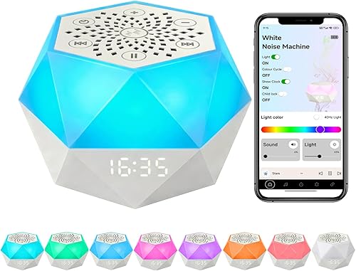 Máquina de ruido blanco para dormir, reloj despertador portátil con luz ambiental de 8 colores, control de aplicación, máquina de dormir con música